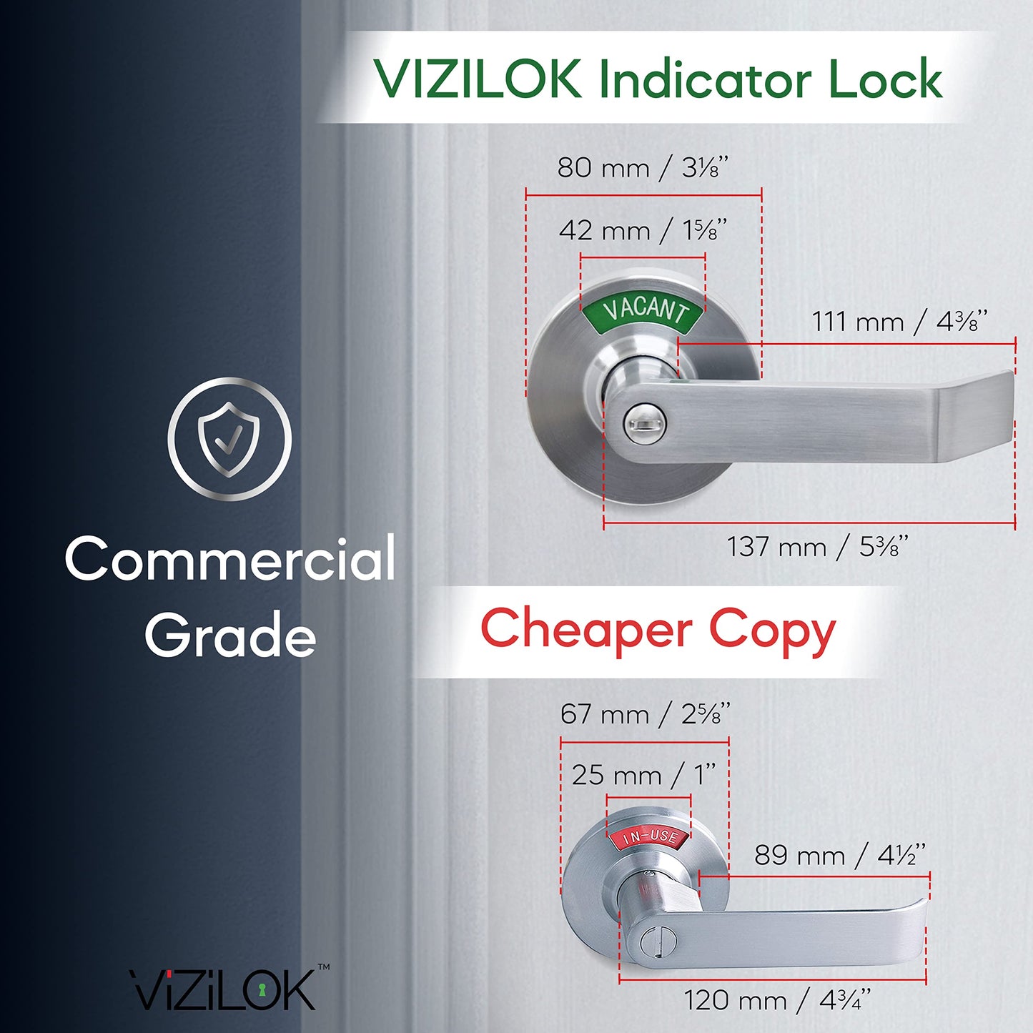 VIZILOK Commercial Door Lock for Bathroom Privacy, Safety, Standard Indicator Lock in Satin Chrome, ANSi Grade2, Perfect for Restaurants, Medical Offices, Airbnb, Dorms, Gyms, Fitting Room