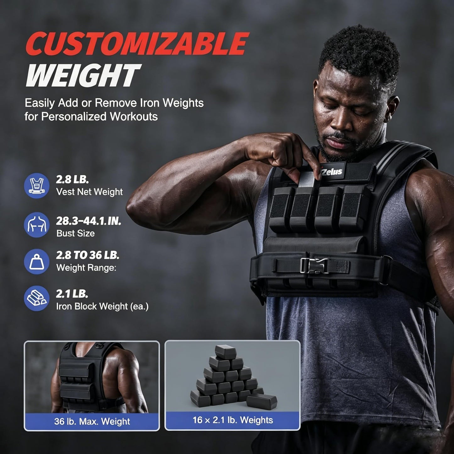 ZELUS Weighted Vest Men, 23lbs/36lbs/45lbs Adjustable Weight Vest with 10/16/20 removable Iron Weights and Reflective Strips, No-Bounce Design for Strength Training, Running, HIIT & Calisthenics