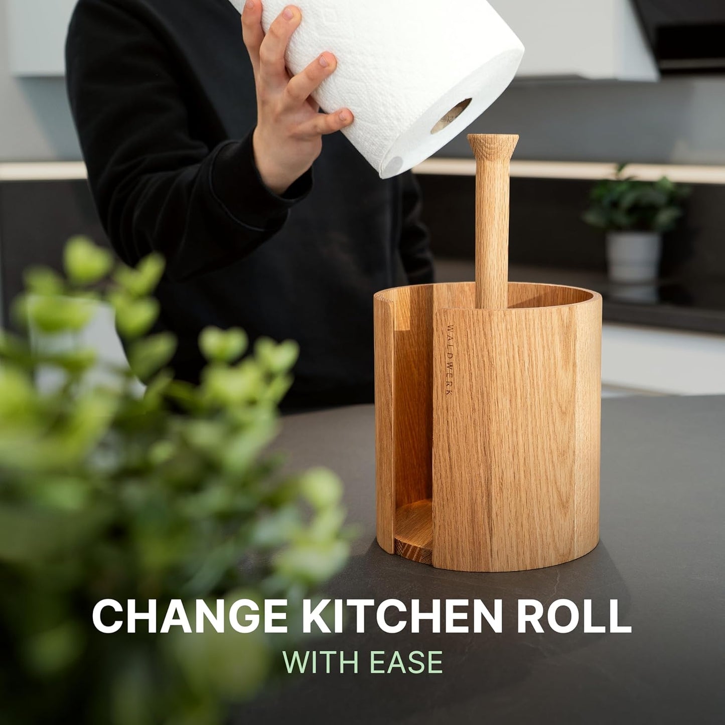 WALDWERK Oak Wood Paper Towel Holder - Stylish Kitchen Towel Stand for Standard Rolls | Countertop Design