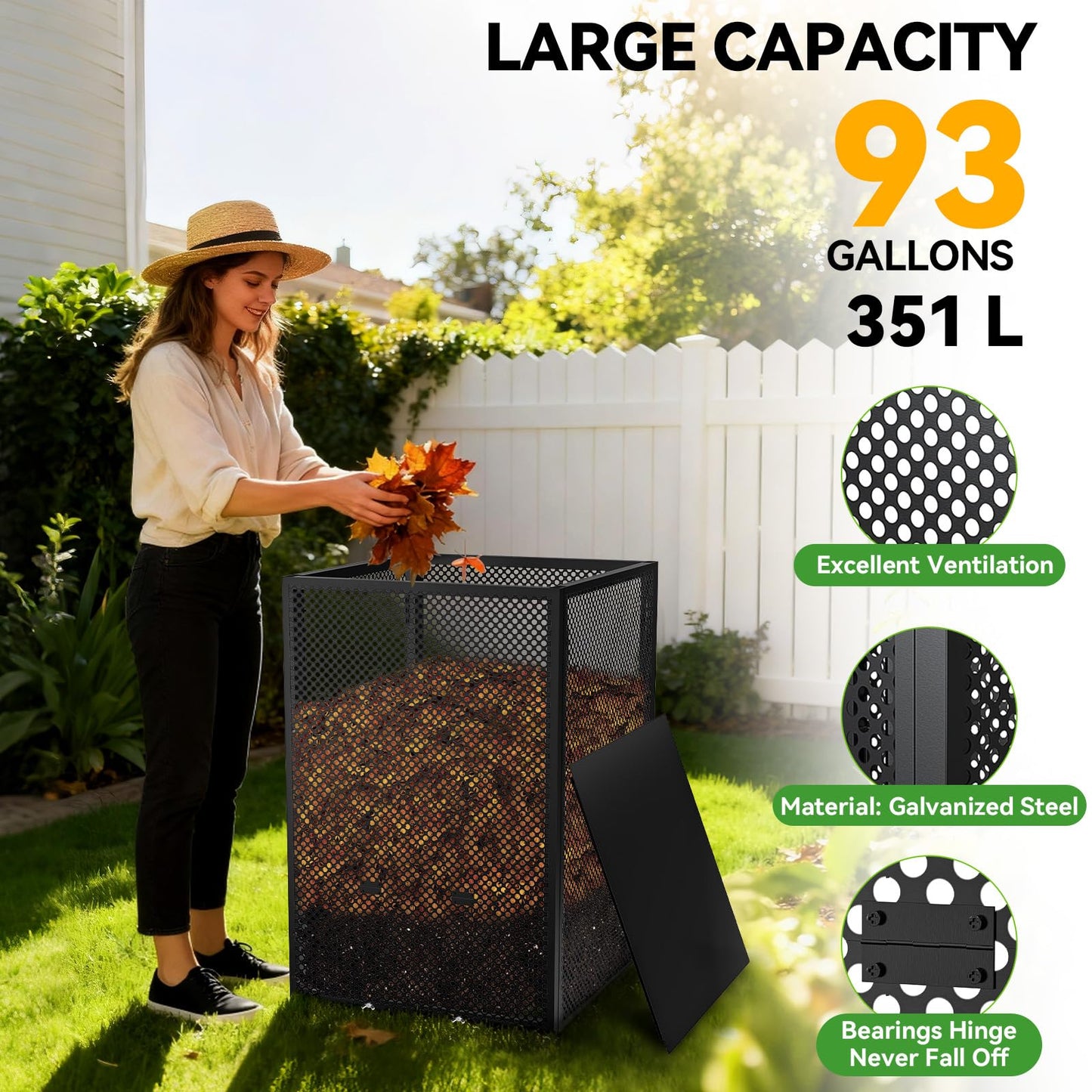 Compost Bin Outdoor with Lid - Large 93/130 Gal Composter 2-in-1 Design, Heavy-Duty Galvanized Steel Perforated Sheet with Rust-Proof Coating, Versatile Outdoor Fence, for Garden, Yard & Kitchen Waste