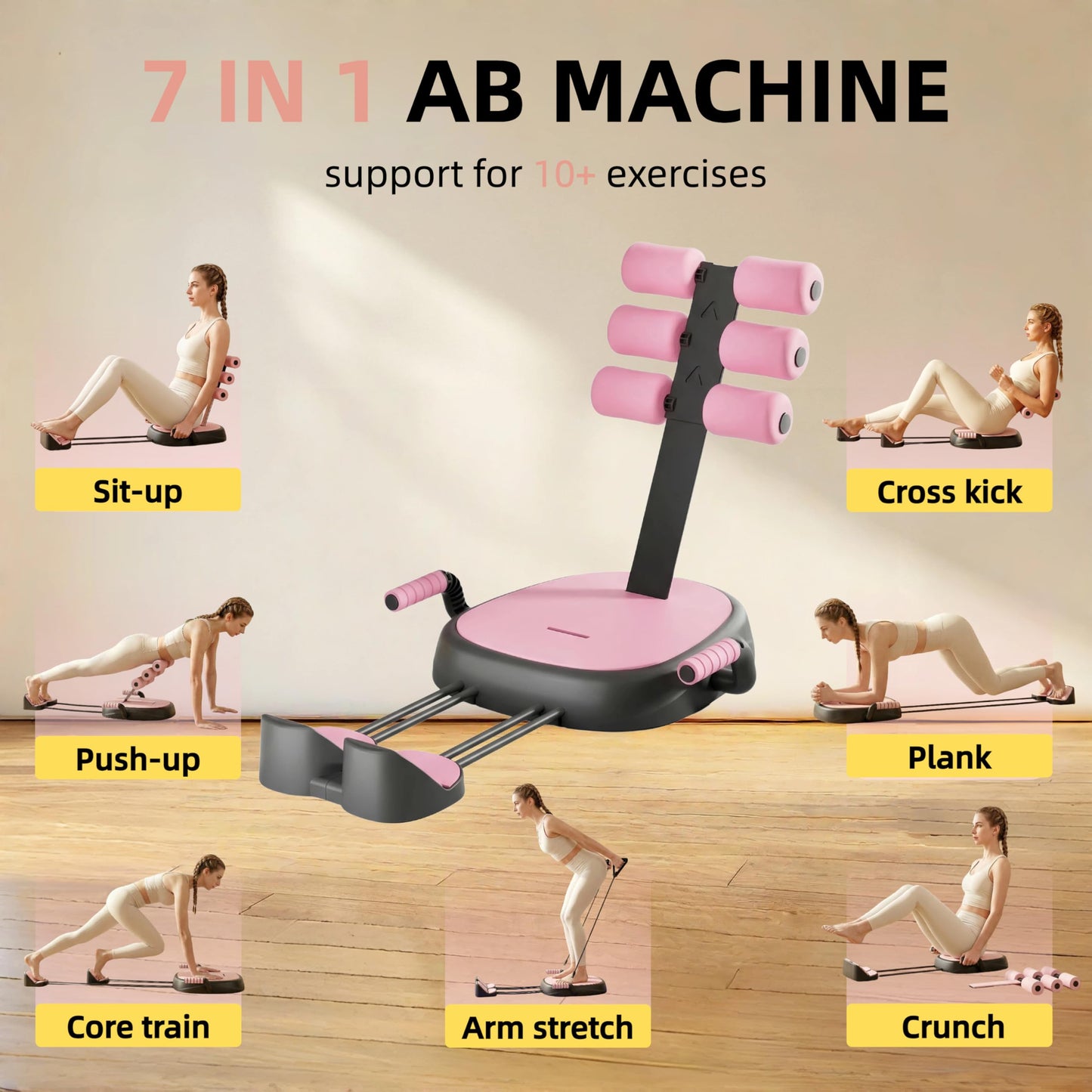 7 in 1 Ab Machine, Sit Up Exercise Equipment with Removable Auxiliary Handle, Home Workout Equipment for Abs, Legs, Arms, Ab Trainer Women Men (Pink)