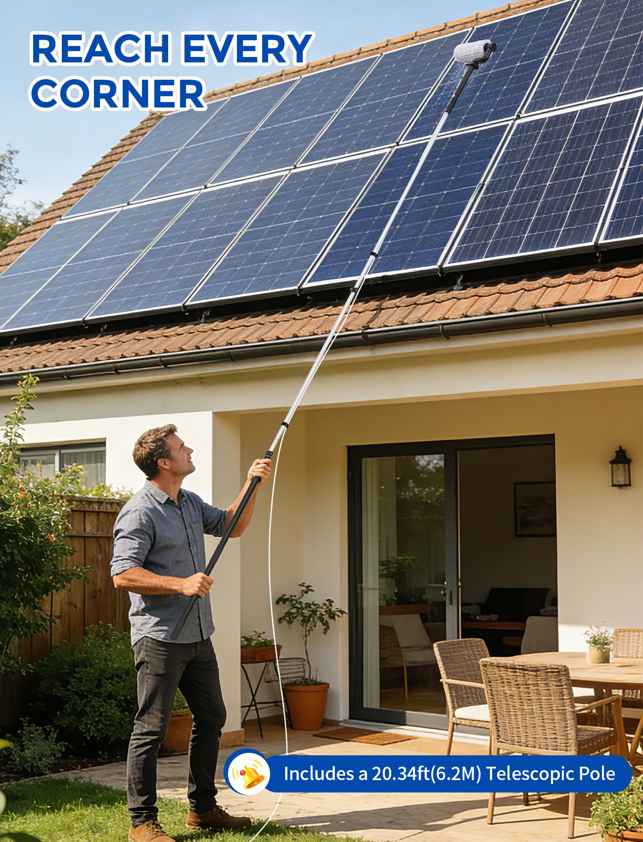 Electric Solar Panel Cleaning Kit, 20FT Solar Panel Cleaning Brush and Pole with Soap Dispenser, Telescopic Water Fed Pole, Solar Panel Cleaner Solution for Windows, Roof, RV
