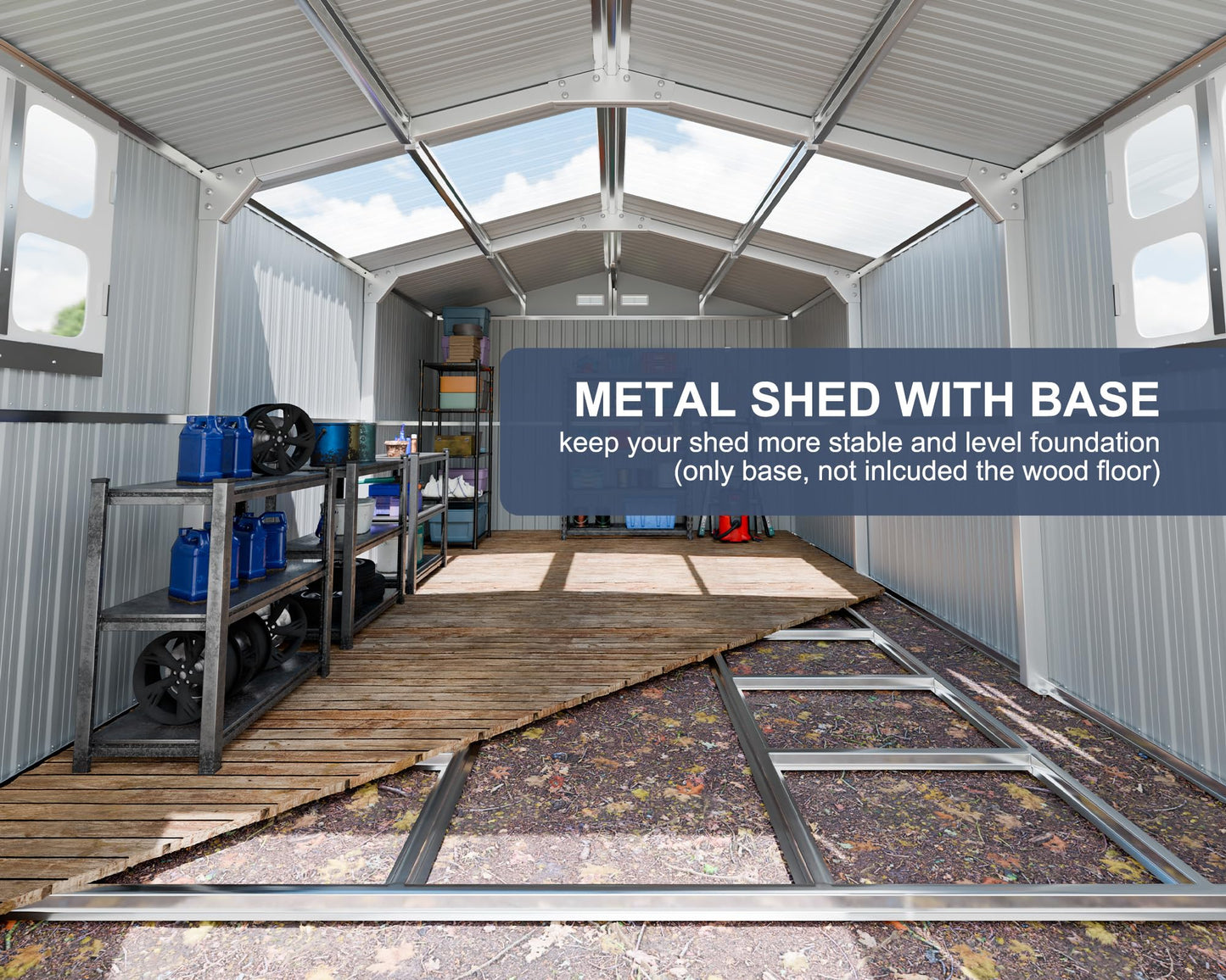 WELYAS 10x12 FT Outdoor Metal Storage Shed with Unique Floor Base Clear Roof Window Lockable Door Vent,Waterproof Heavy Duty Reinforced Frame Sheds for Yard Store Large Lawnmower Tool, Dark Grey