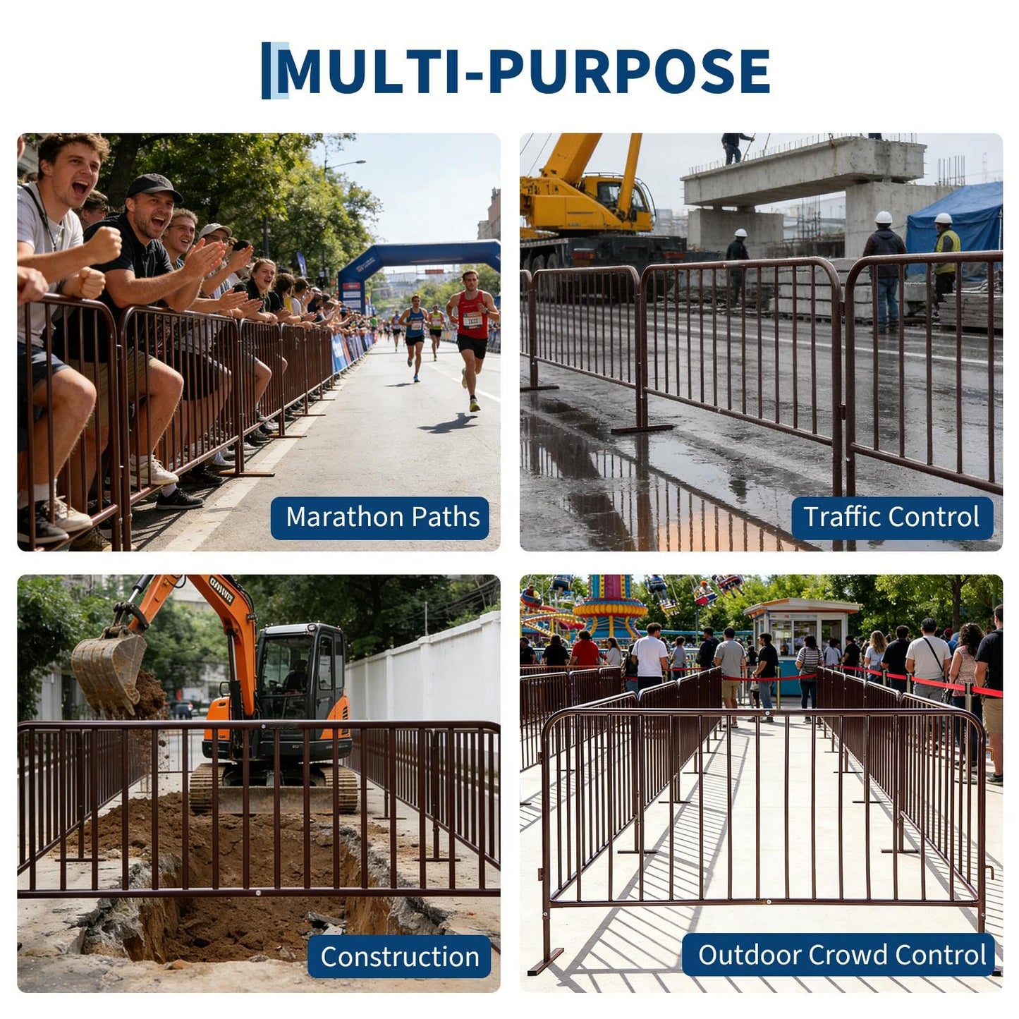 Heavy Duty Interlinked Steel Crowd Control Barricade – Removable Flat Feet, Durable Powder-Coated, Weather Resistant Safety Barrier for Events, Construction, Parking, Pedestrian Zones – 8.5FT, Brown