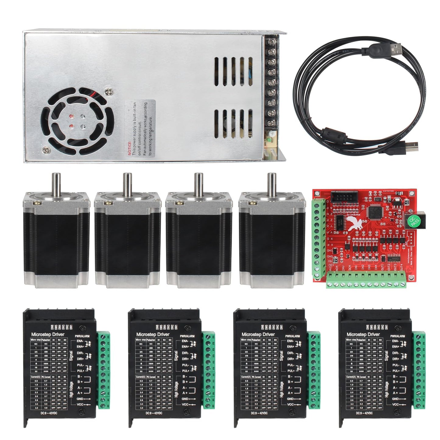 RATTMMOTOR CNC Controller Kit, 4 Axis CNC Kit with Nema23 Stepper Motor 57*76mm 270Oz-in 3A 1.8Nm, TB6600 Driver 4A, USB Mach3 CNC Motion Control Card Breakout Board, 24V Power Supply for CNC Machine