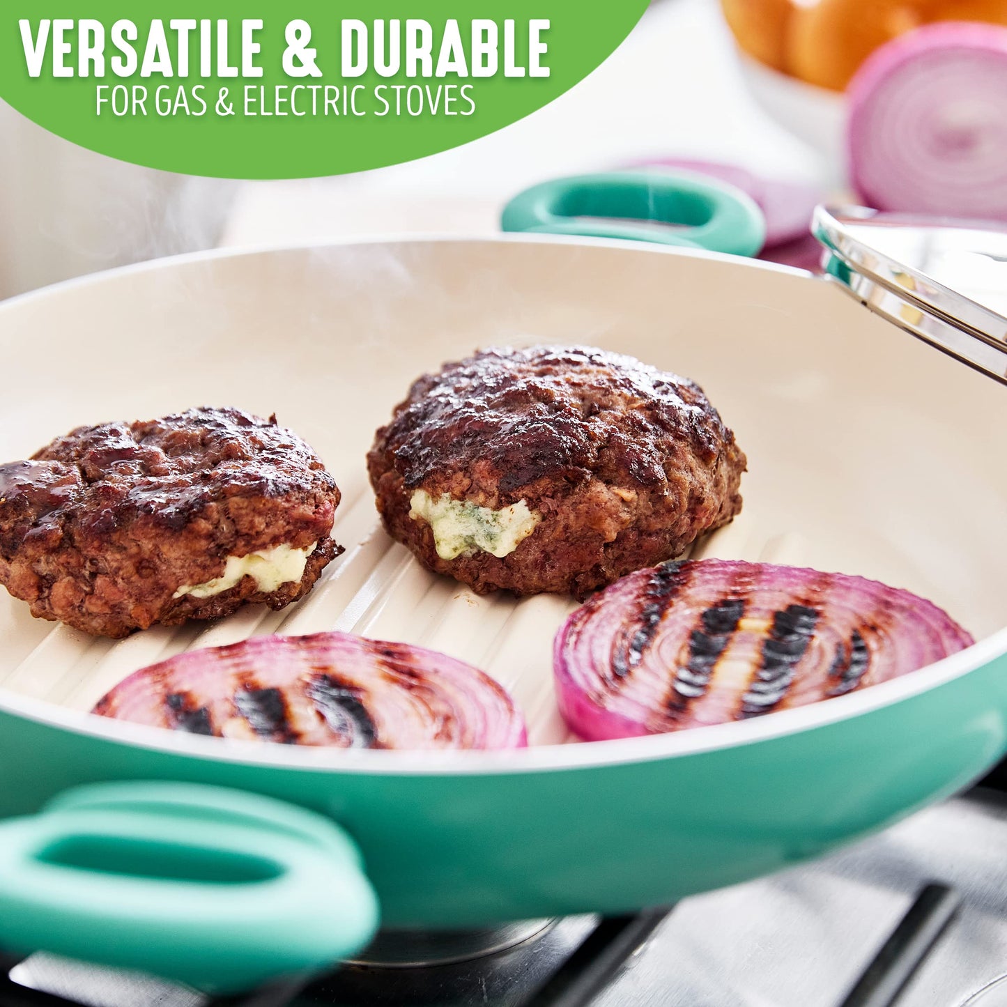 GreenLife 11” Healthy Ceramic Nonstick Grill Pan with 2 Handles and Lid, PFAS-Free, Rivetless Interior, Grill Ridges, Dishwasher Safe, Oven Safe, Turquoise
