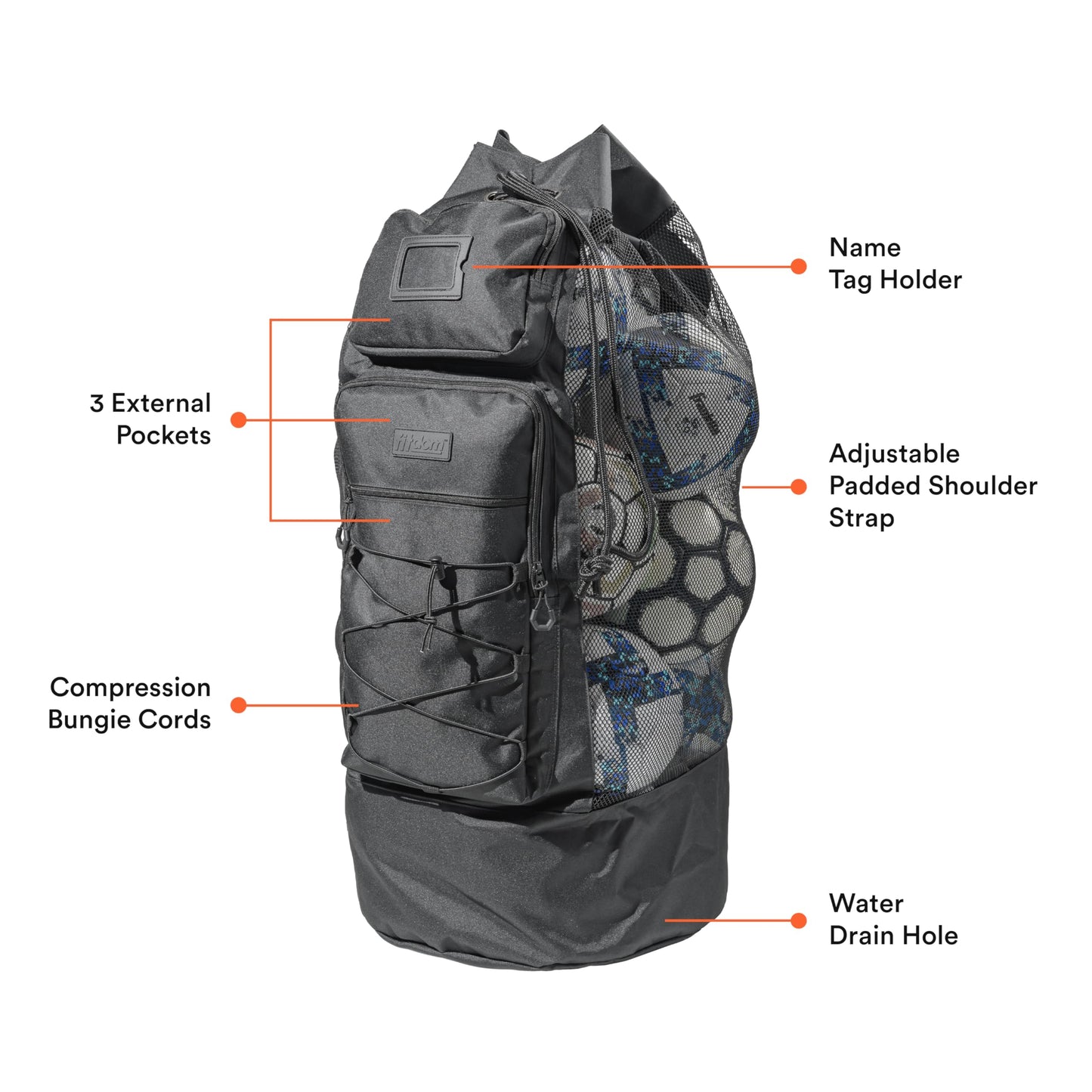 Fitdom Heavy Duty Large Soccer Mesh Equipment Ball Bag w/Adjustable Shoulder Strap Design for Coach. 2 Front Pockets for Sporting Accessories. Best for All Outdoor & Water Gears