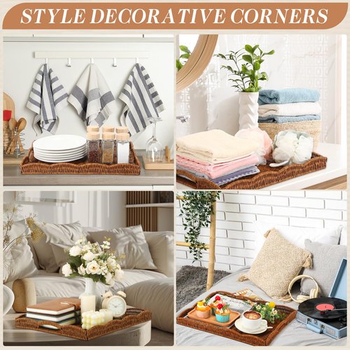 AceOrbit 4 Pcs Large Wicker Serving Tray Scalloped Wicker Rectangle Tray for Foods & Drinks, 16.5" Boho Rattan Decorative Serving Basket with Handle for Coffee Table Breakfast Modern Rustic Home Decor