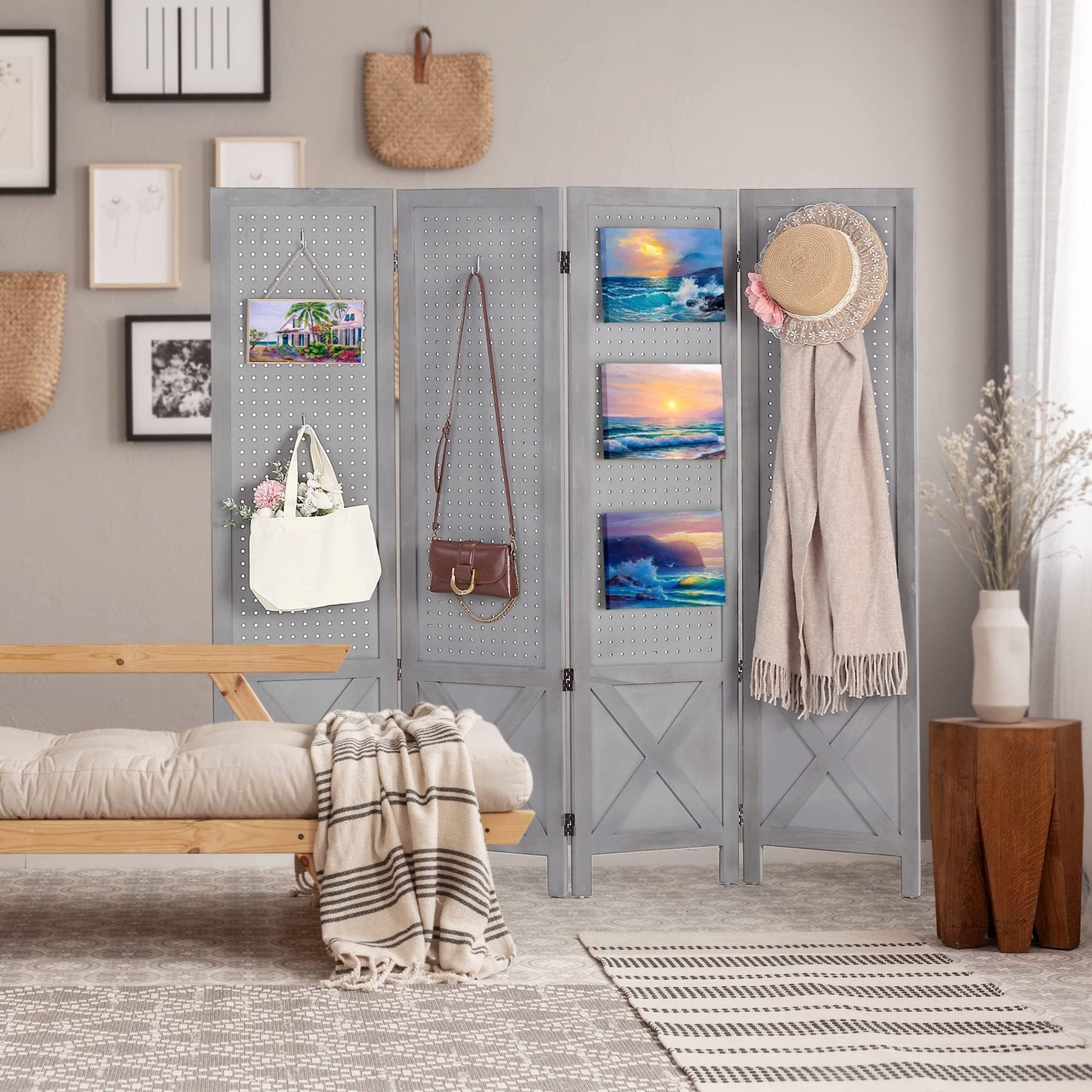 Wnutrees 4 Panel Pegboard Display, 5 Ft Wood Folding Privacy Screens Room Divider, Portable Freestanding Display Board for Craft/Art Shows, Retail, Events, Wall Organizer, Rustic Barnwood, Grey