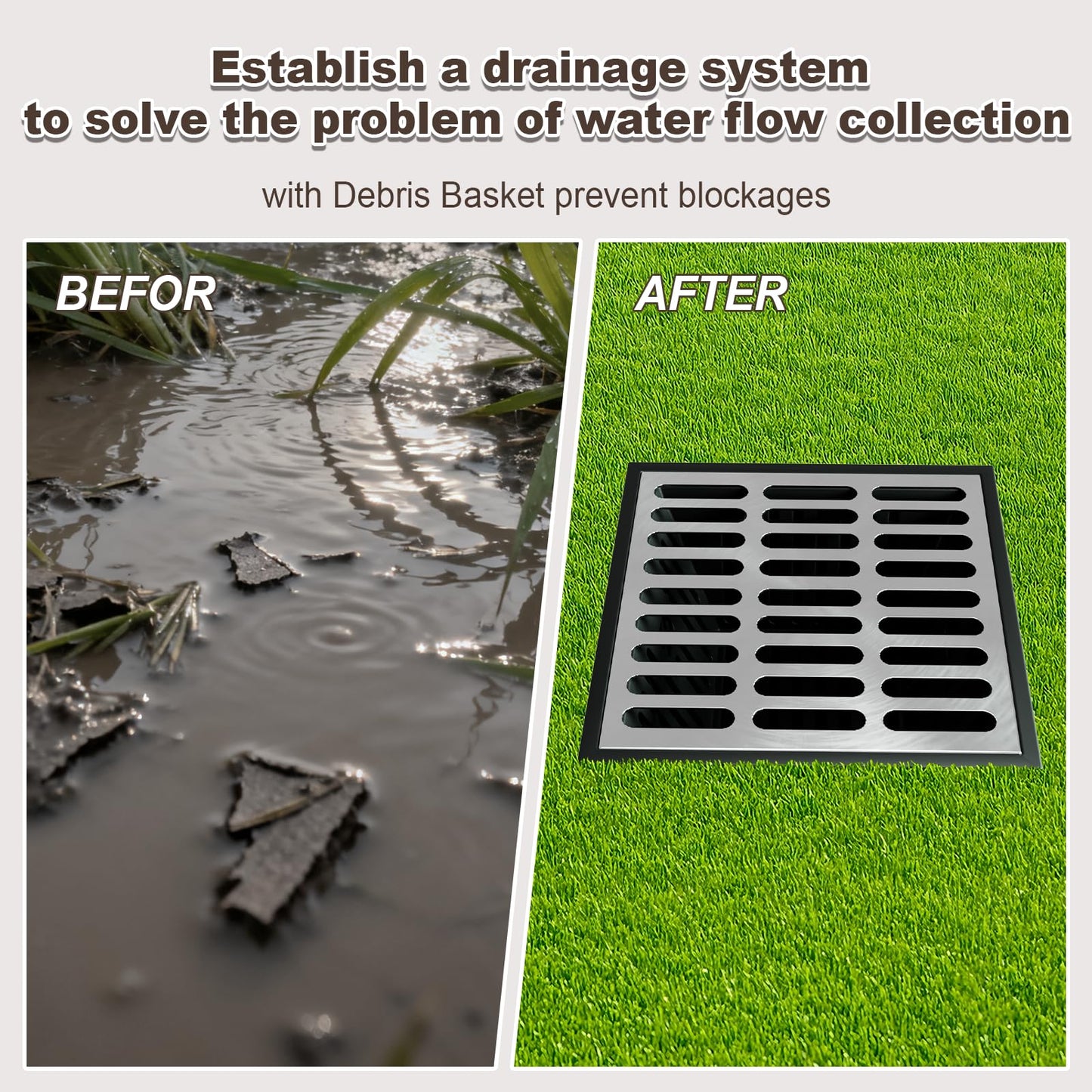 2 Pack Catch Basin with 304 Stainless Steel Grate, 18x18x15 in Large Drainage Catch with Debris Basket, French Drain Basin Without Reserved Hole for Yard, Downspout, Patio, Municipal Pipeline (2)