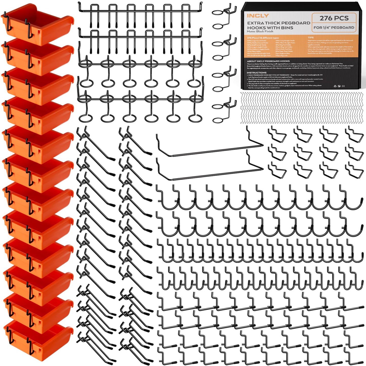 INCLY 276PCS Extra Thick Pegboard Accessories Organizer Kit for 1/4 Inch Pegboard, Heavy Duty Black Peg Board Hook Assortment with Bins, Paper Towel Holder for Hanging Storage, Garage Wall Attachments