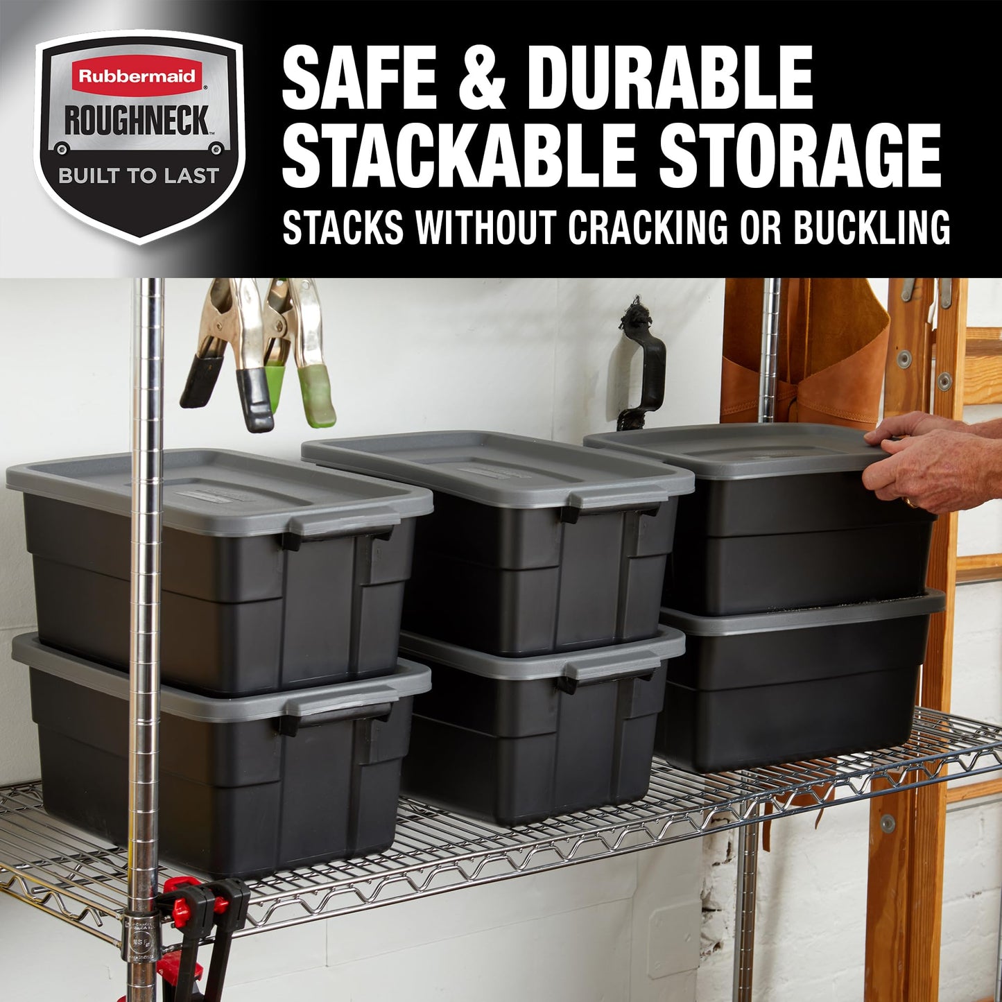 Rubbermaid 6-Pack Heavy Duty Durable 3 GAL Totes for Storage with Snap Lids and Handles, Plastic Storage Bins Stackable Black Gray for Home and Garage (3 GAL - 6 Pack Solid Black and Grey)