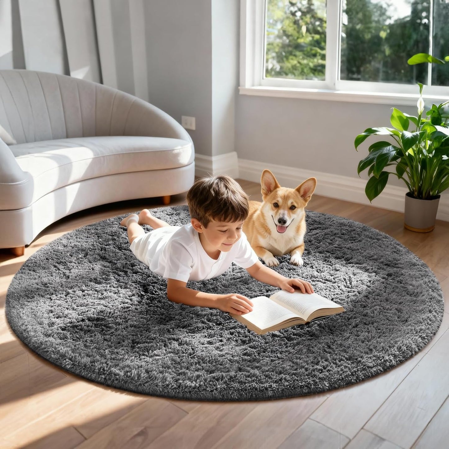 Ophanie Round Rug - 6Ft Grey Circle Area Rug | Fluffy Plush Shag Carpet for Bedroom & Nursery Decor