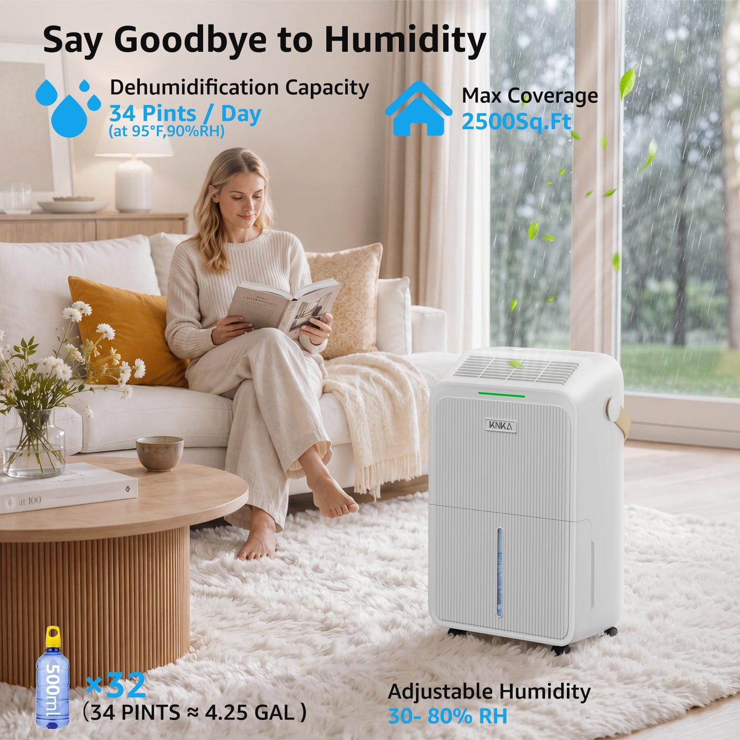 KNKA 2500 Sq.Ft Dehumidifier for Basement with Drain Hose Max 34 Pints, Dehumidifiers for Home, Bedroom, Bathroom, Large Room, Three Modes, Intelligent Humidity Control, Dry Clothes, 24HR Timer
