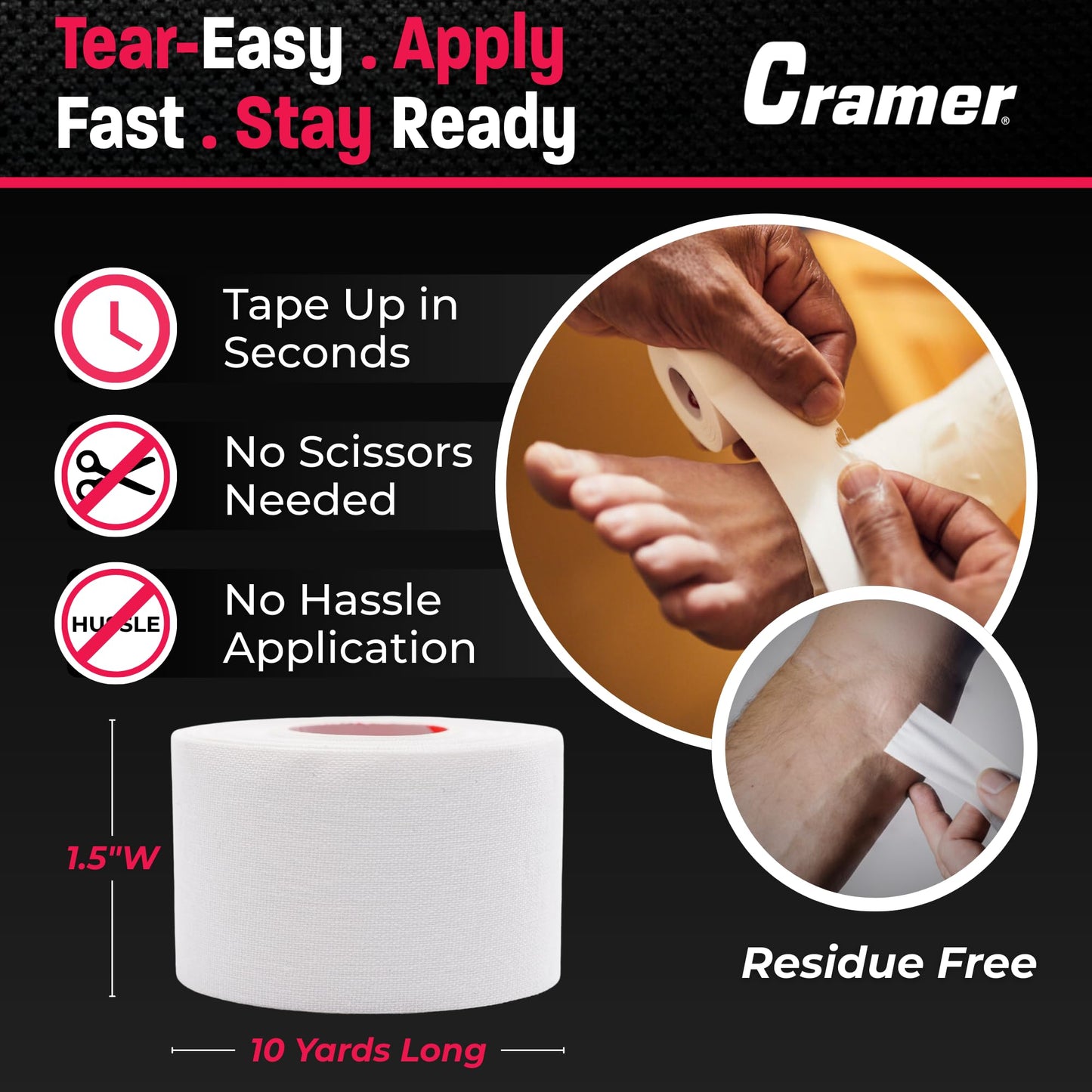 Cramer Athletic Tape 6 Pack, 1.5" x 10 Yards White, Easy Tear Sports Tape for Ankle, Wrist & Knee, Latex-Free Adhesive, Strong Support, Athletic Training Tape Roll