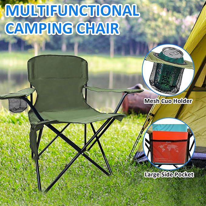 Folding Camping Chair, 225lb Capacity, Includes Cup Holder & Side Storage Bag, 5.5lbs Portable for Beach, Camping, Sport,Green