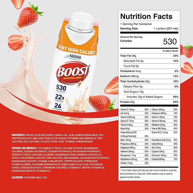 Boost Very High Calorie Strawberry Nutritional Drink ??22g Protein, 530 Nutrient Rich Calories, 8 Fl Oz (Pack of 24)