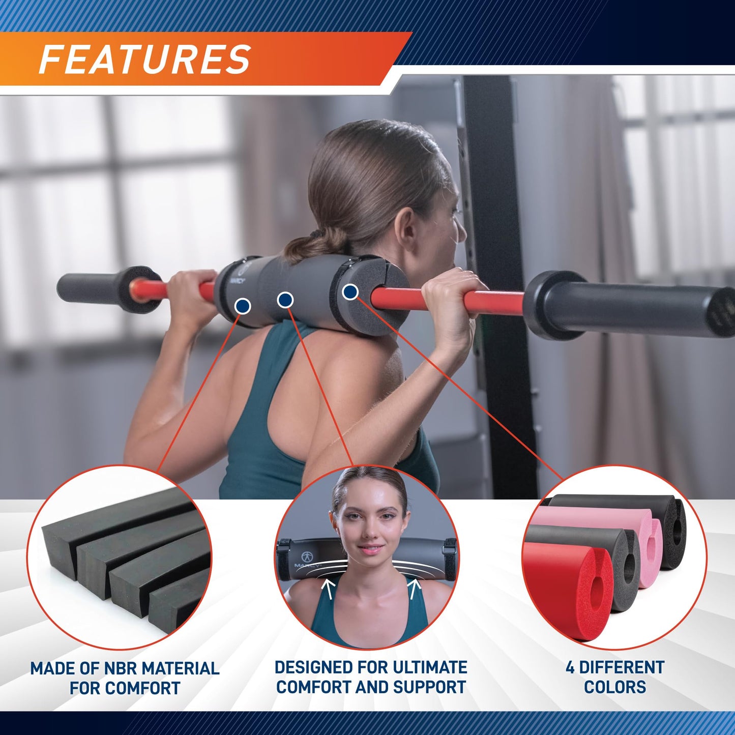 MARCY Barbell Pad Squat Pad, Great for Weightlifting, Lunges and Hip Thrusts, Comfortable Foam Sponge Pad Provides Cushion to Neck & Shoulders While Strength Training MT-4RED