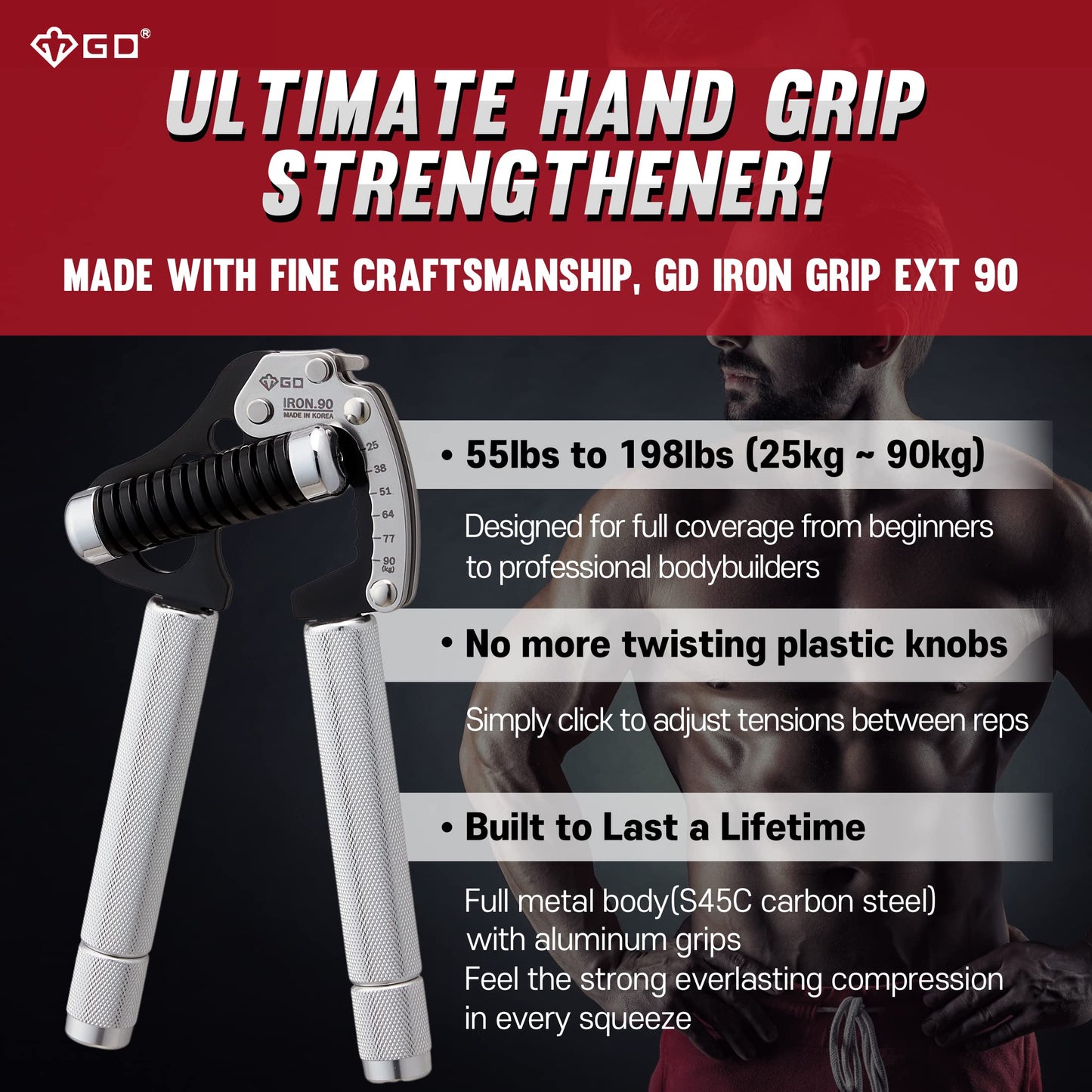 GD IRON GRIP EXT 90 Hand Grip Strengthener Premium Grip Strength Trainer Adjustable Hand Gripper (55 to 198 lbs (25~90kg)) for Forearms & Wrist Strengthener Best Grip Exercises