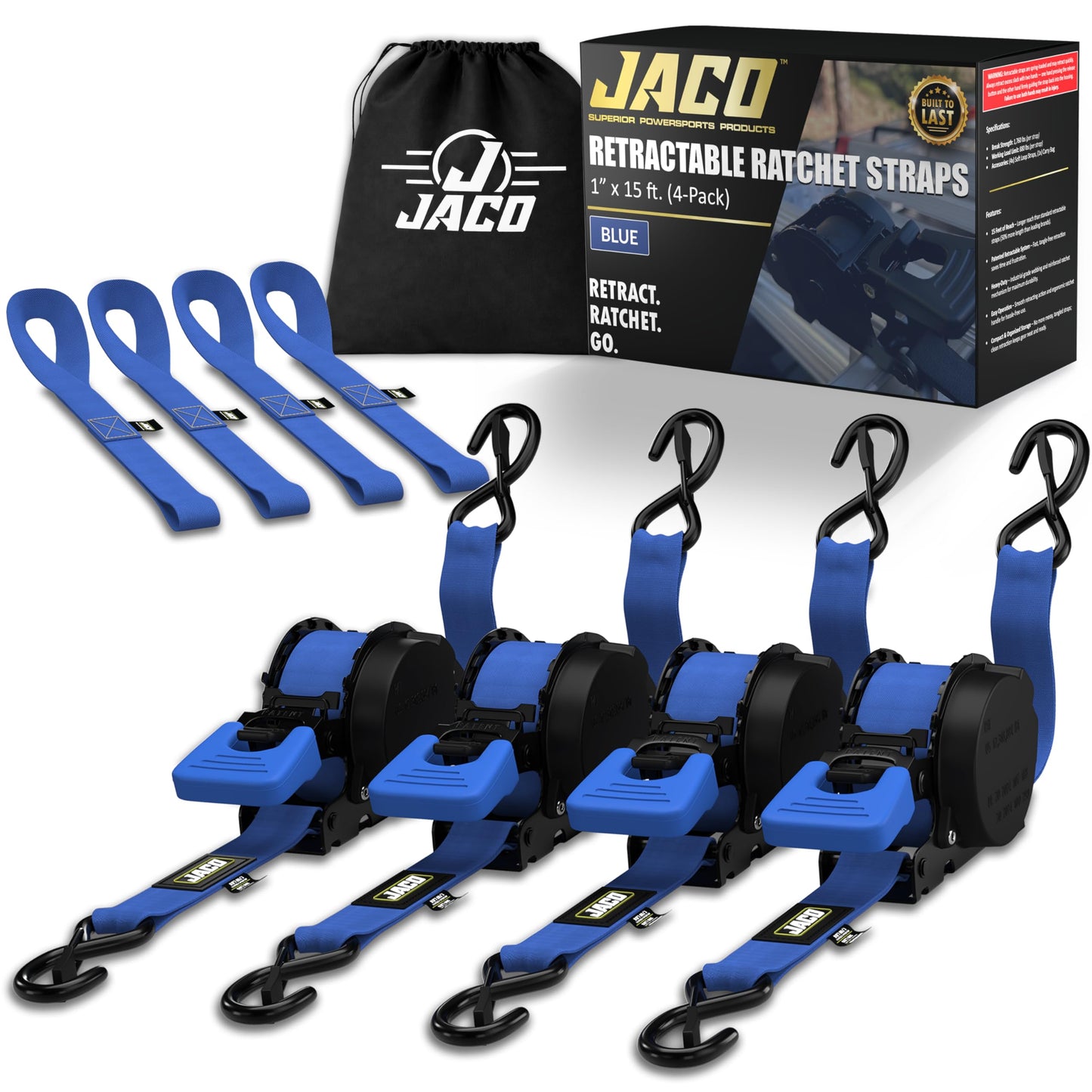 JACO Retractable Ratchet Straps - 1 in x 15 ft (4-Pack) (1,760lbs Break Strength) | Auto Self Retracting Cargo Tie Down Strap Set (Blue)