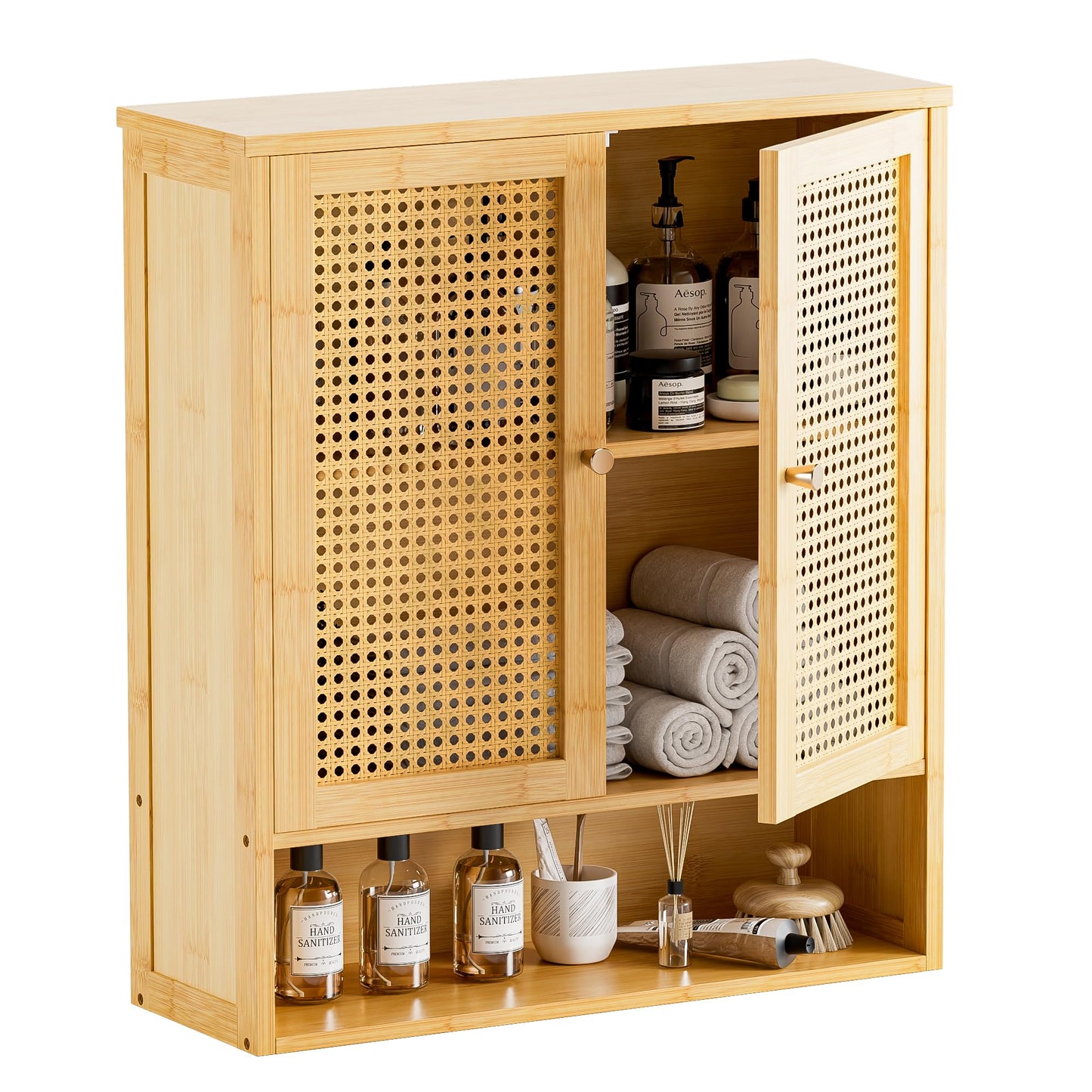 HITNET Rattan Hanging Bathroom Cabinet, Wall Mounted Bamboo Bathroom Cabinet with Double Doors and Adjustable Shelves, Storage Over the Toilet for Kitchen, Living Room, Laundry Room, Natural