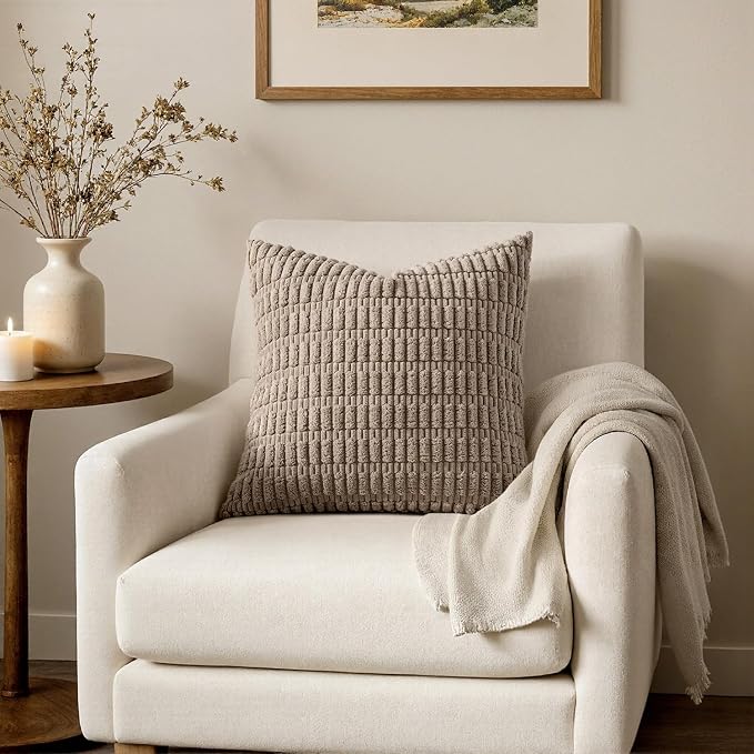 MIULEE Pack of 2 Corduroy Decorative Throw Pillow Covers 16x16 Inch Soft Boho Striped Pillow Covers Modern Farmhouse Home Decor for Sofa Living Room Couch Bed Light Brown