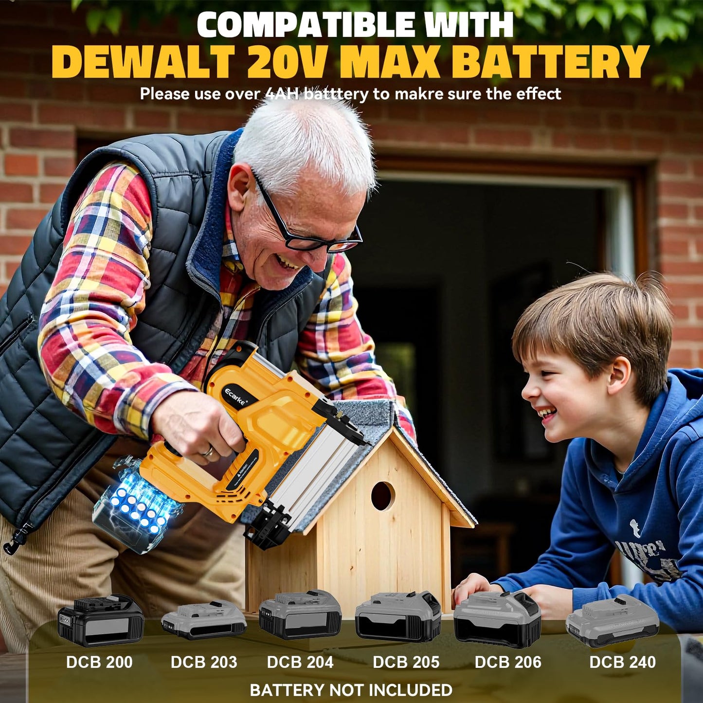 Ecarke Cordless 2 Inch Brad Nailer Compatible with DeWalt 20V Battery(Tool only),2 In 1 Electric Nail Gun,18GA Staple Gun with 1000 Nails, Battery Powered Nail Gun for Trim Wood Crafting Home DIY