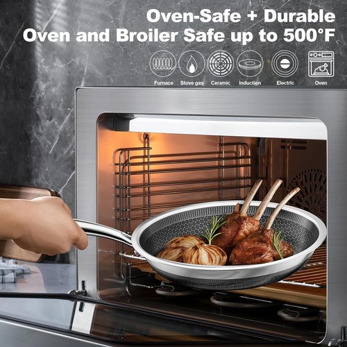 FogDream Non Stick Frying Pans, 10 Inch Stainless Steel Skillet with Tempered Glass Lid Tri-Ply Stainless Steel for All Cooktops, Dishwasher & Oven-Safe Cooking Pan, Stay-Cool Handle, Silver