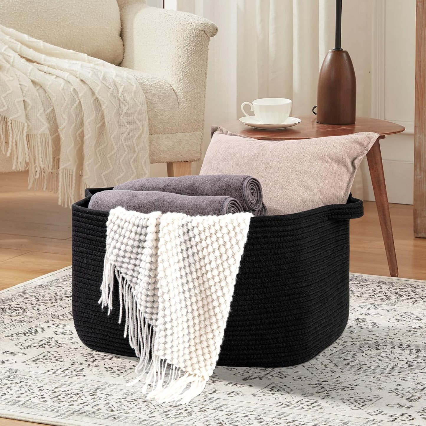 OIASKET Large Black Blanket Basket - Stylish Woven Storage for Toys, Towels & Laundry