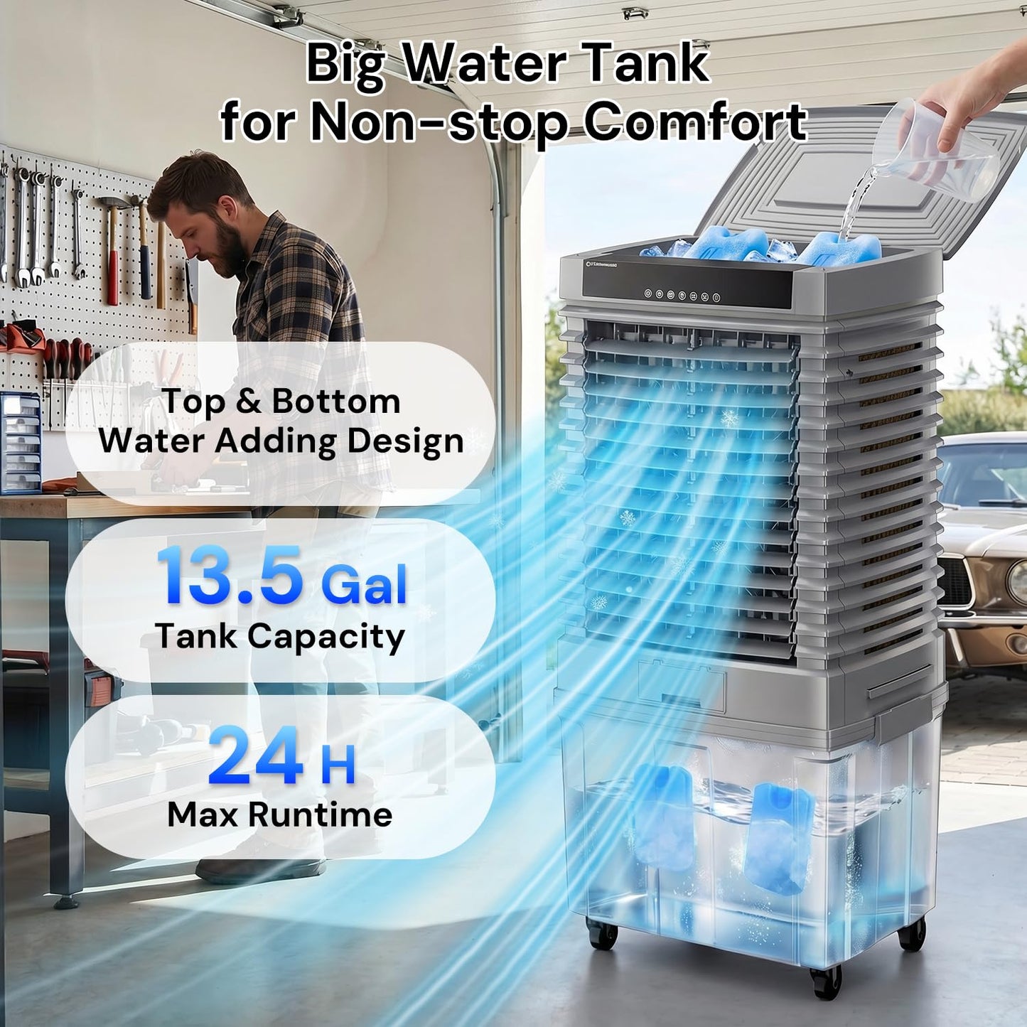 KEGIAN 4000 CFM Swamp Cooler, 41" Portable Evaporative Air Cooler w/ 13.5Gal Detachable Tank,120° Oscillation, Timer, Ambient Light, Remote, Energy Efficient Outdoor Air Conditioner for Patio, Garage