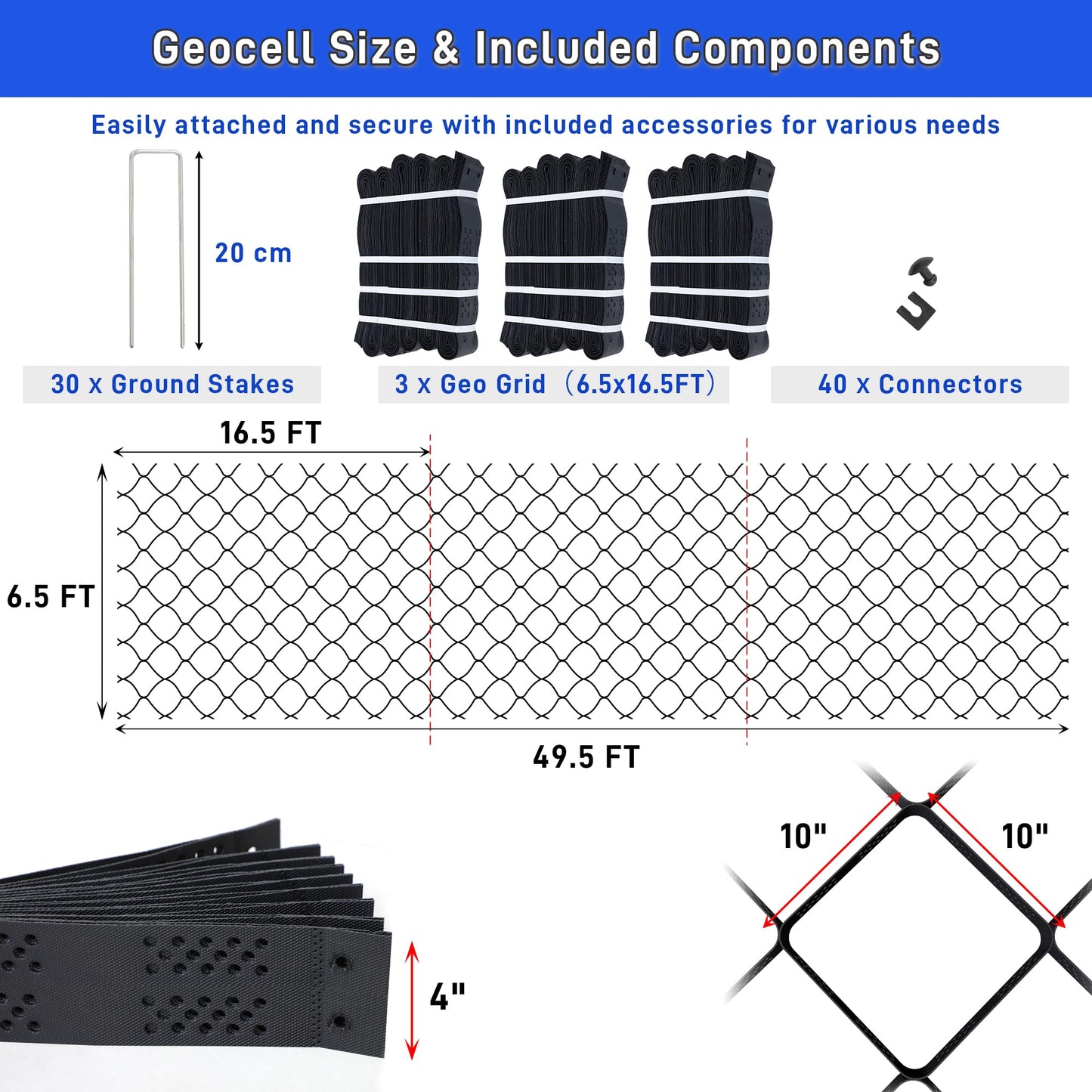 Geo Ground Grid 49.5x6.5 FT, 4" Depth Gravel Driveway Grid 1885 lbs per Sq Ft Load, Geogrid Gravel Retainer with Connectors and Stakes for DIY Patio Walkway Slope Grass Pathway Shed Base & Parking Lot