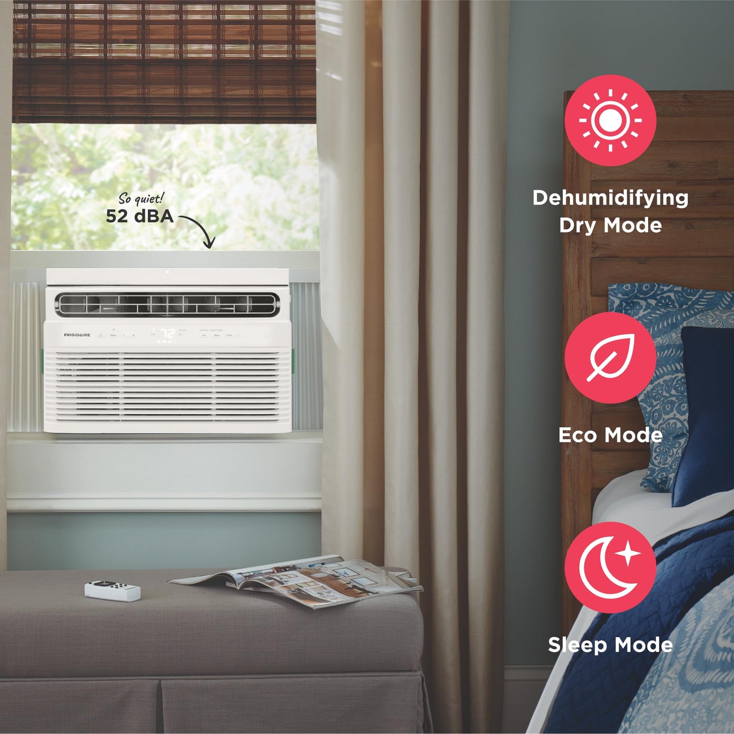 Frigidaire 5,000 BTU Window Air Conditioner with Remote Control, Cools Up to 150 Sq. Ft., Quiet Operation, Eco Mode, 3 Fan Speeds, Auto Restart, White