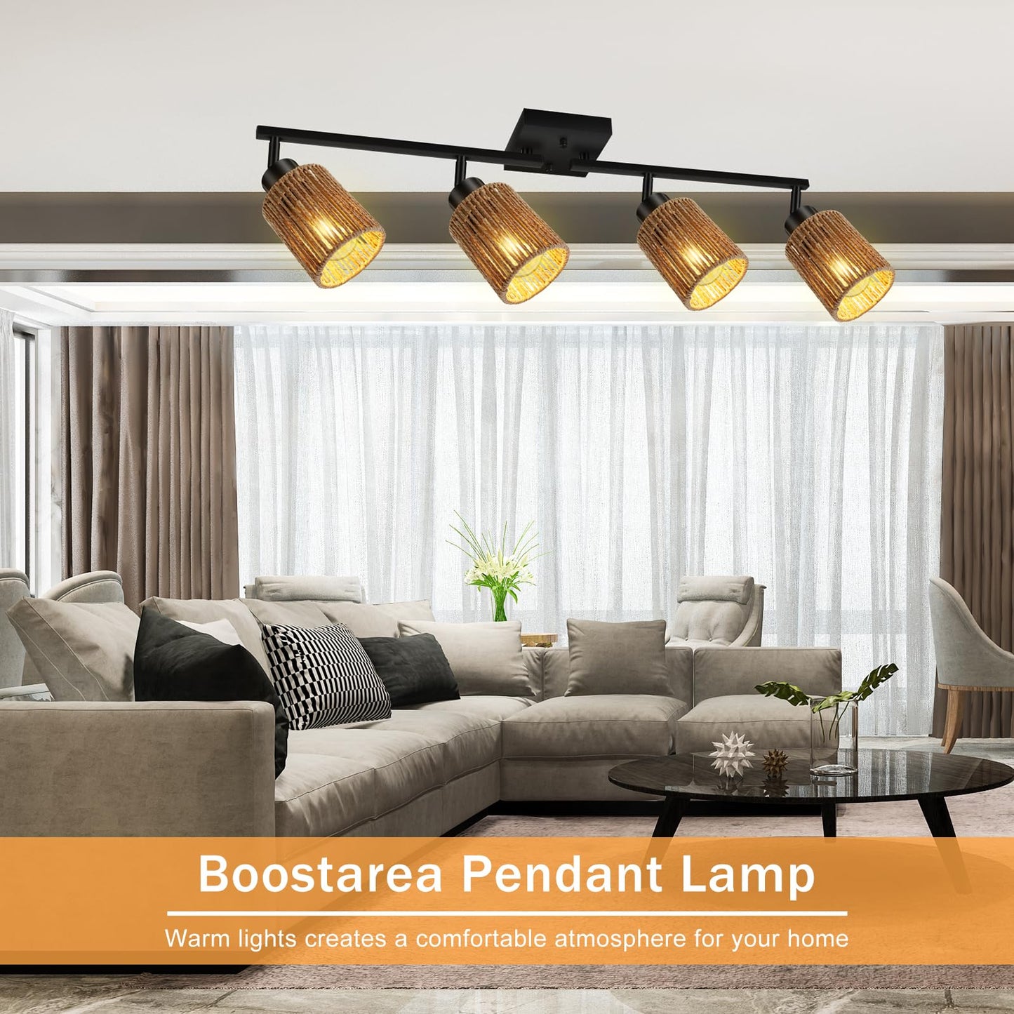 BoostArea 4 Light Track Lighting Kit, 4 Way Ceiling Spot Lighting with Handwoven Hemp Rope Lampshade, Flexibly Rotatable Light Head for Kitchen, Living Room, Bedroom, Bulb Not Included