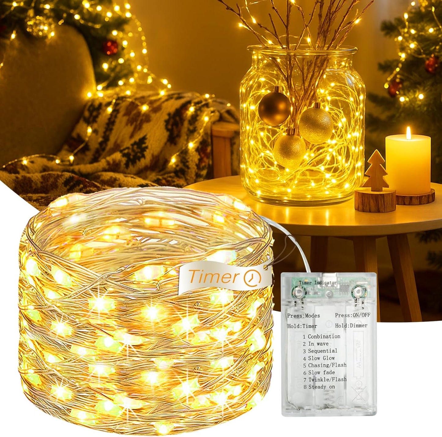 Skiennix 16FT LED Fairy Lights - Battery Operated with Timer & 8 Modes | Warm White Mini String Lights for Holiday Decor