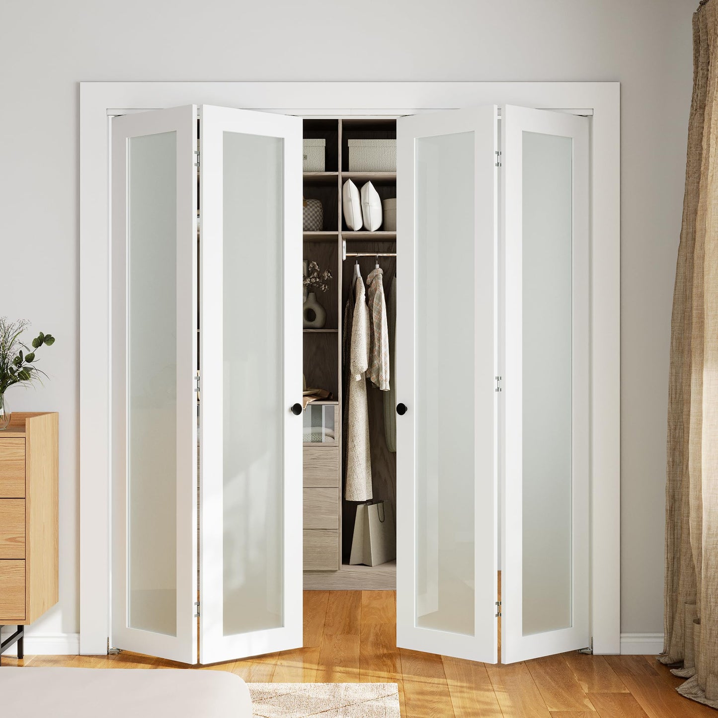 SMARTSTANDARD Bifold Door, 60'' (Double 30") x 80" Tempered Frosted Glass Bifold Closet Door, Interior Folding Doors with Hardware Track Kits, Easy Assembly, MDF, White