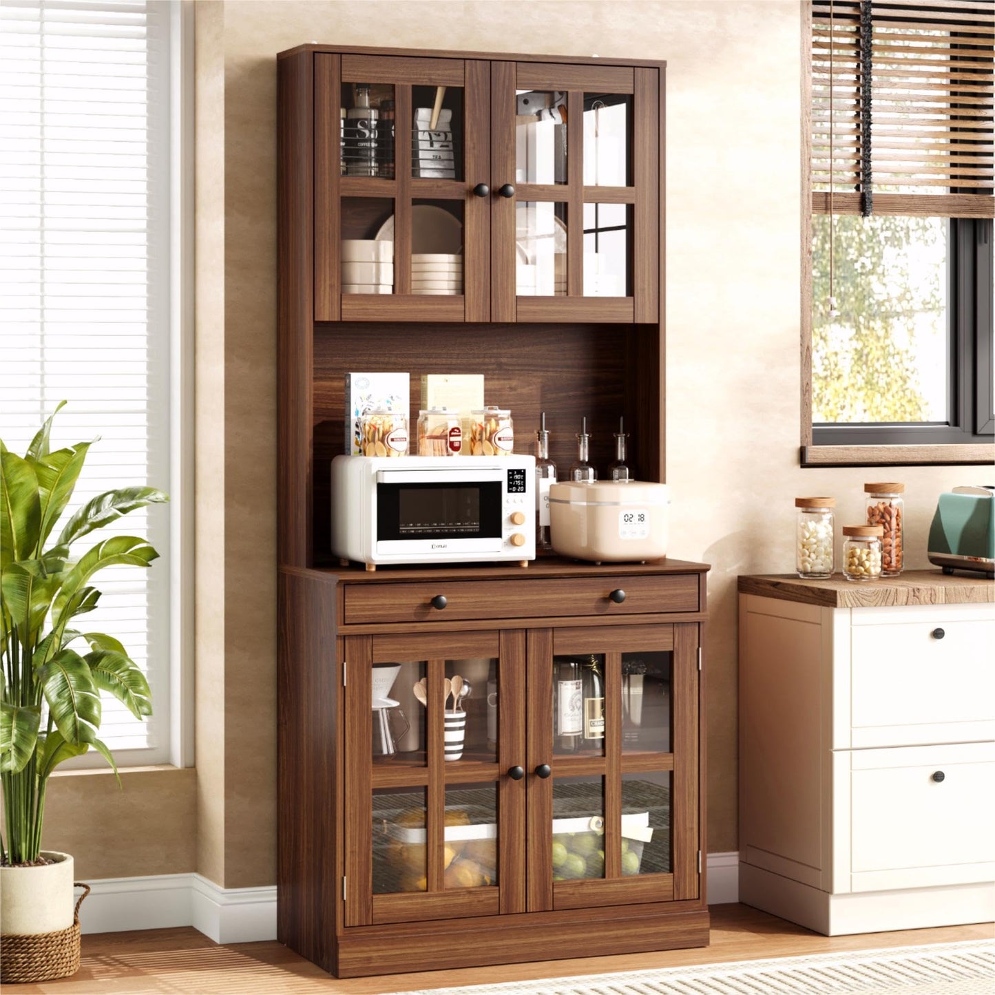 Garvee 72 Inch Kitchen Pantry Cabinet with Glass Doors, Drawer and Adjustable Shelves, Farmhouse Tall Storage Cabinet with Open Countertop, Coffee Bar Cabinet for Coffee Corner, Walnut