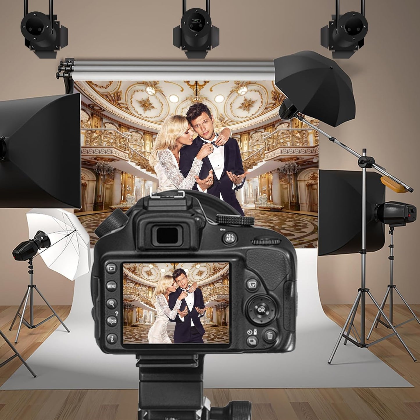Baocicco 9x6ft Retro Palace Backdrop for Photography Gold Hall Staircase Luxury Chandelier Ceiling Mural Photography
