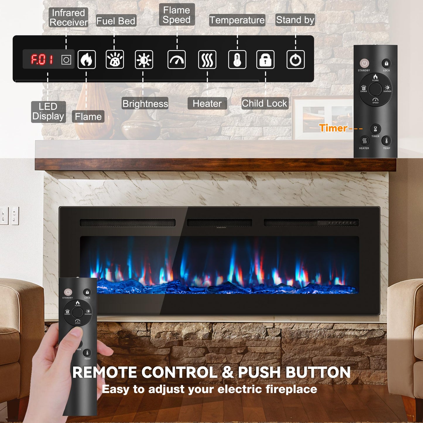 Manastin 50 inch Electric Fireplace in-Wall Recessed and Wall Mounted with Remote Control, 1500/750W Fireplace Heater (60-99°F Thermostat) with 12 Adjustable Color, Timer, Log and Crystal