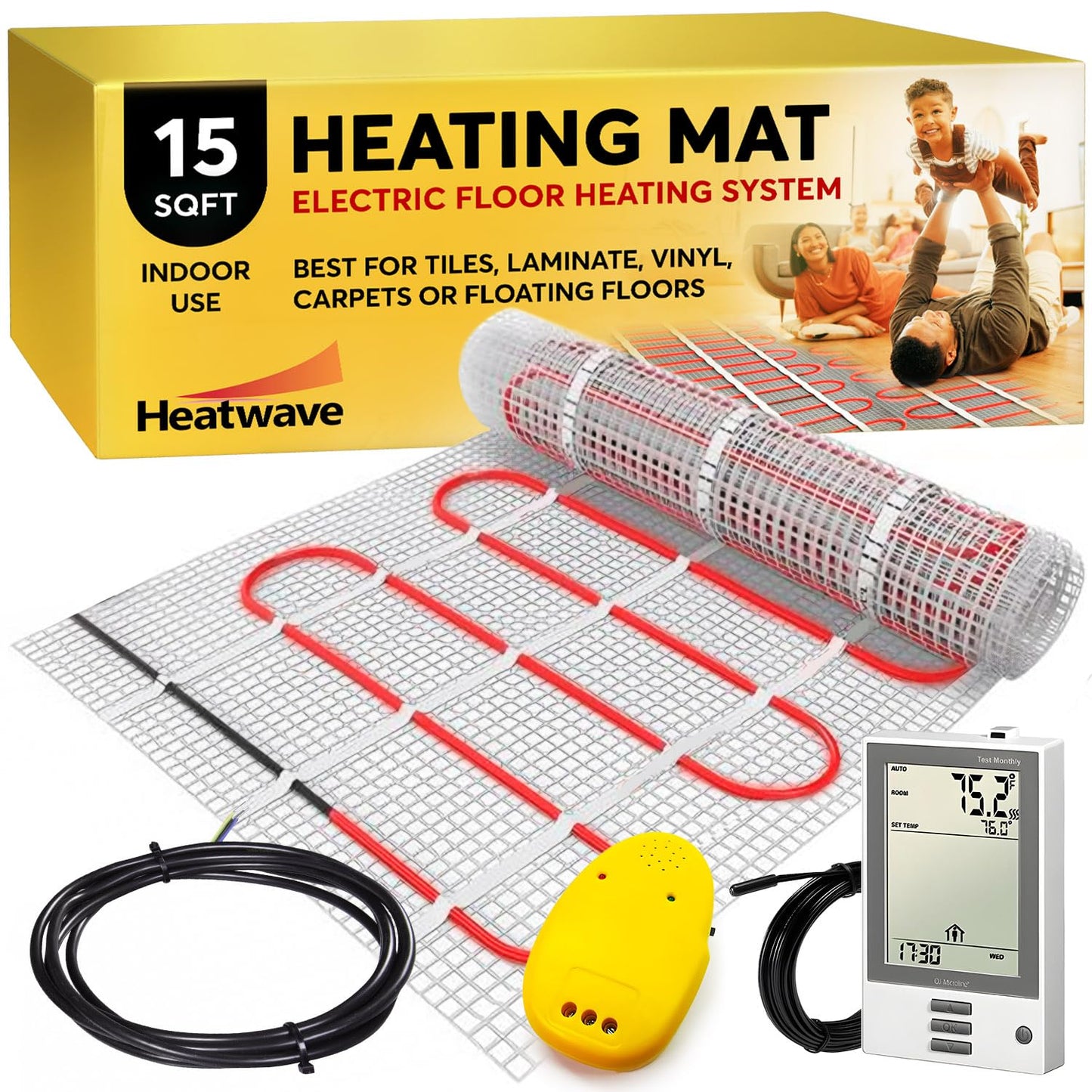 Electric Floor Heating System for Tile 15 sqft 120V 1.5Amps 180Watts-Heated Flooring System for Bathroom Floor Heating Kit Underfloor Comfort Heat 7Day/4Event Programmable GFCI Thermostat by Heatwave