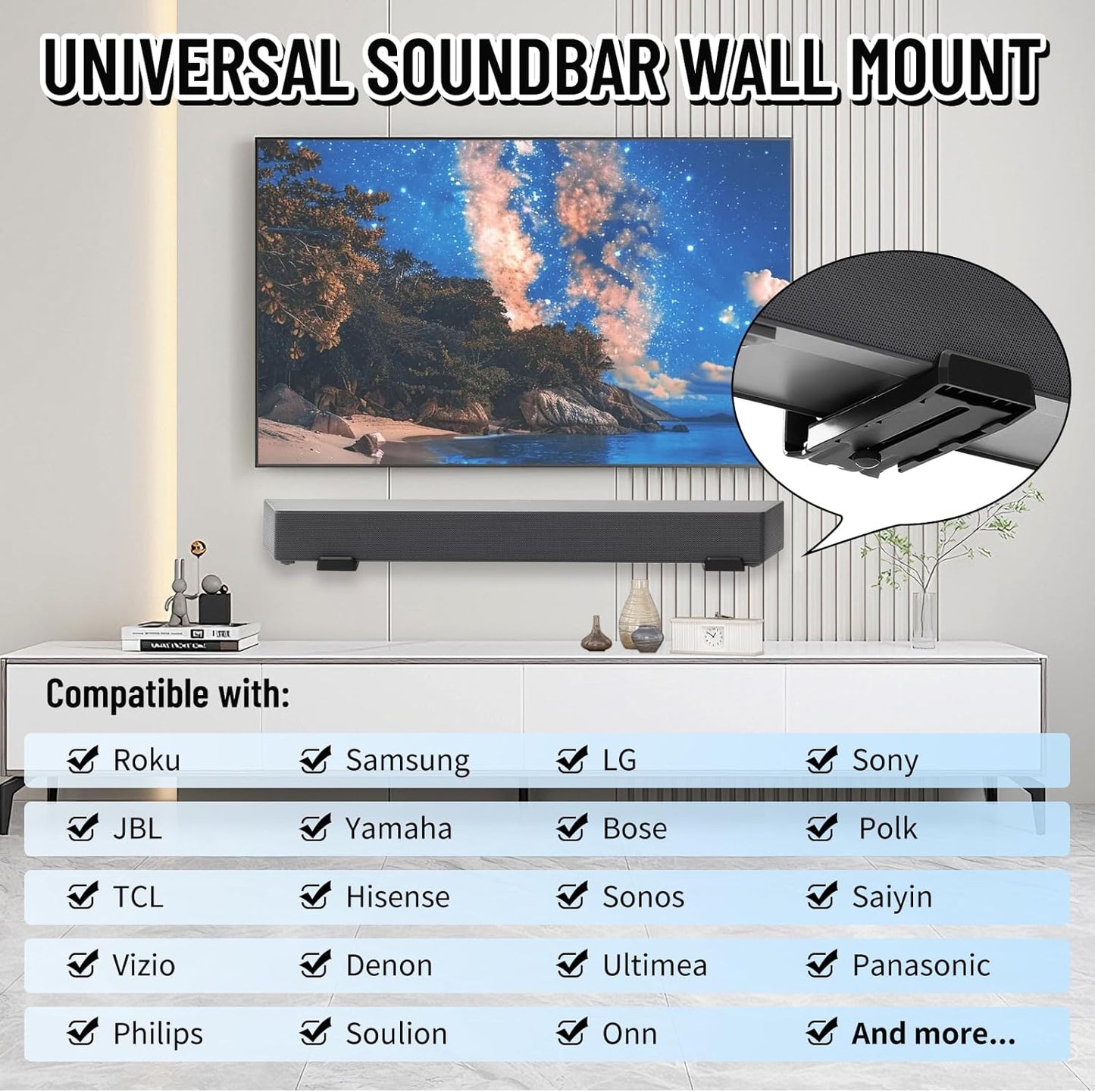 Kiiocwev 66LBS,Depth 4.09-7.28,All-Metal Soundbar Wall Mount Bracket -Universal Soundbar Mount&Soundbar Shelf