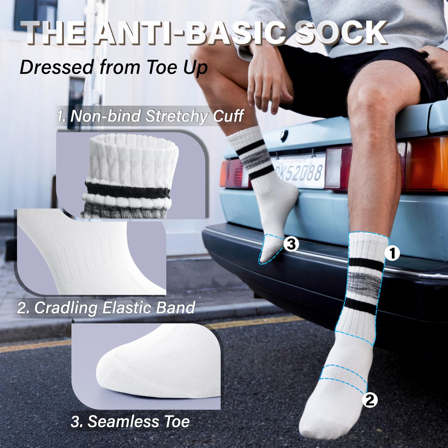 MOSEY KOSY Slouch Cotton Socks, Scrunch Fashion Colorful Soft Breathable Crew Calf for Women and Men, 4 Pairs(Black Striped,M)