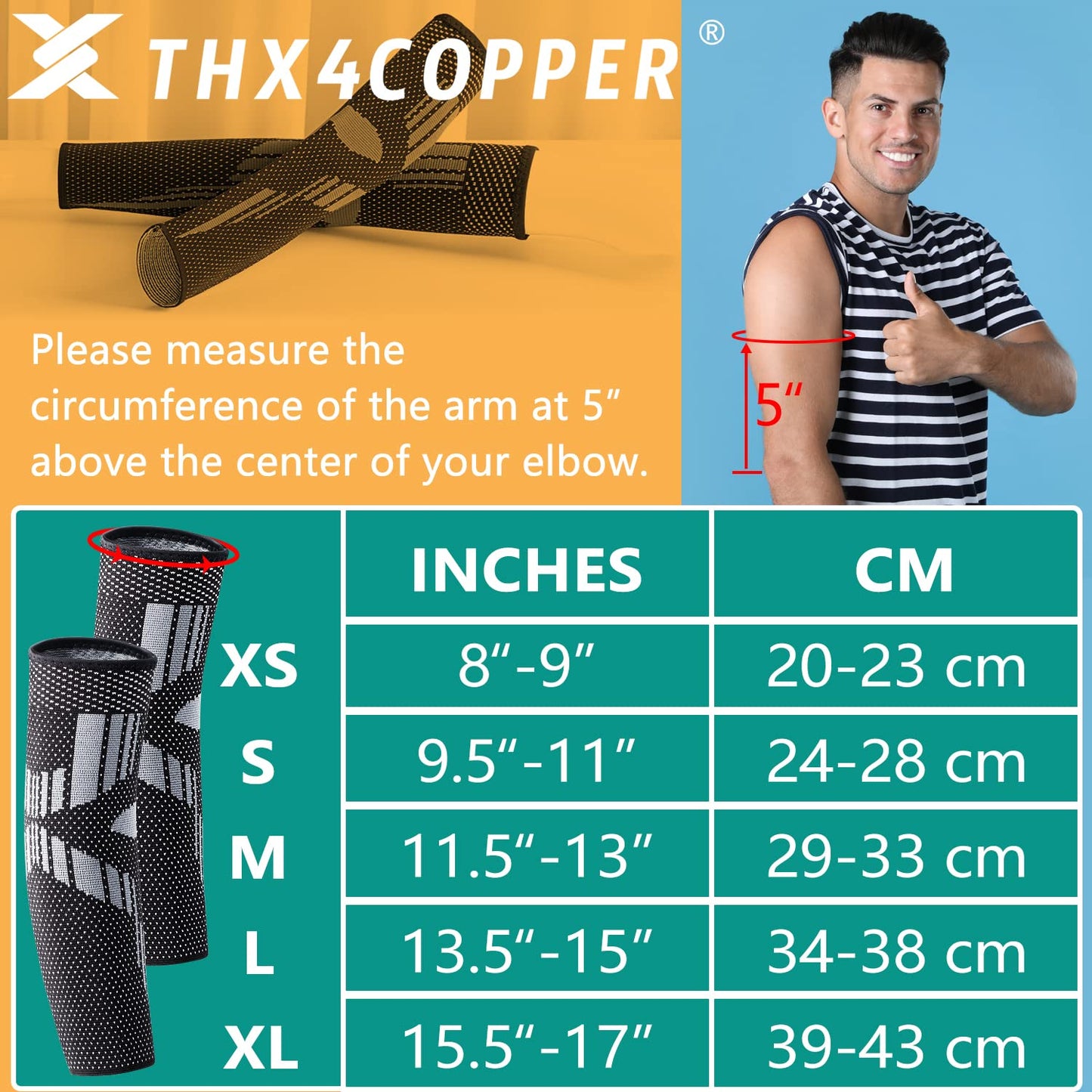 THX4COPPER Arm Compression Sleeve(2Pack)-Elastic Compression Arm Brace for Tendonitis, Golf, Tennis Elbow, Fitness, Pain Relief-Aid in Recovery for Women and Men- Supportive Comfortable Breathable