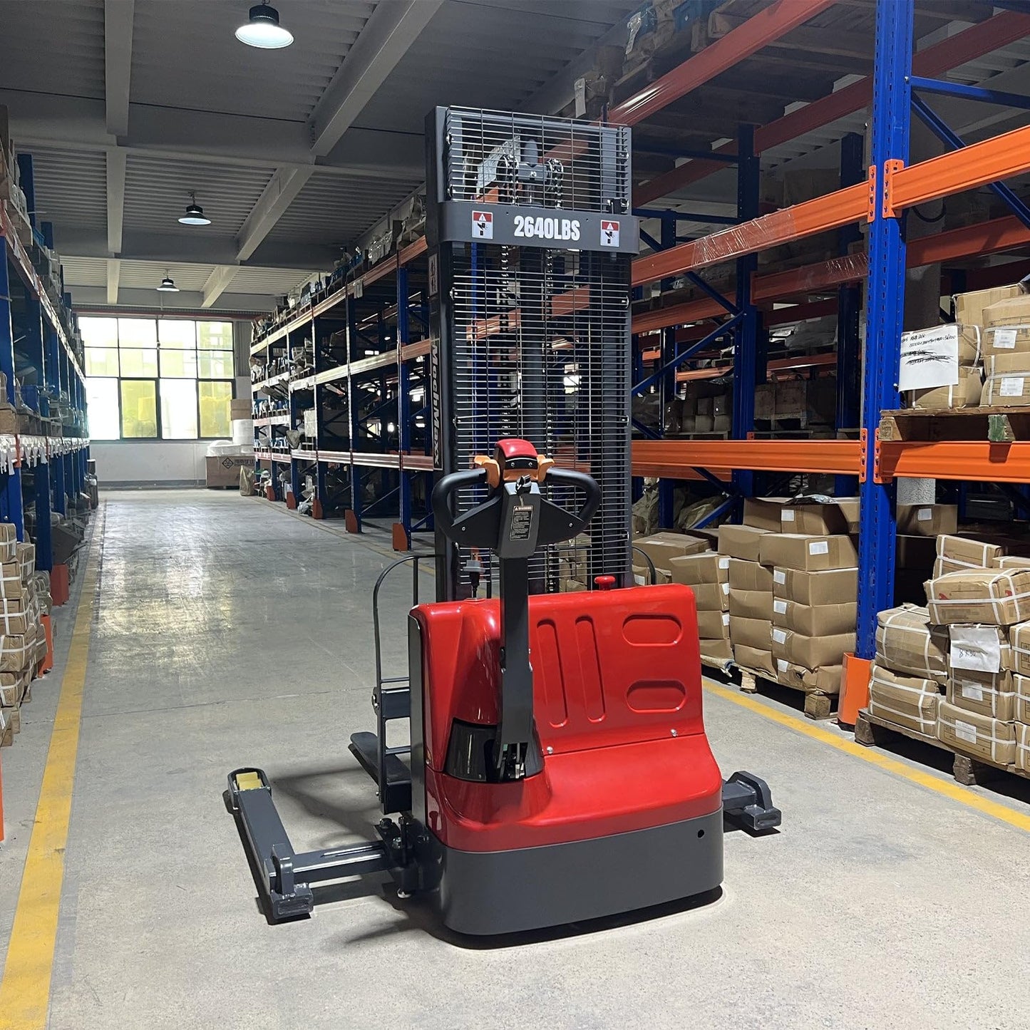 MechMaxx 2640lbs Lithium-ion Electric Straddle Stacker, 98" Lift, Adjustable Legs & Forks, Model F26-98S