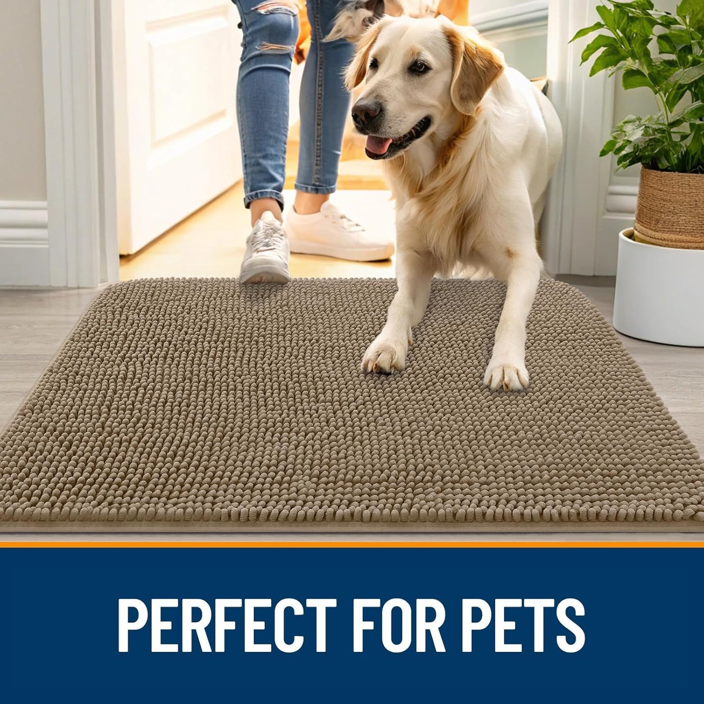 OLANLY Dog Door Mat - Absorbent Non-Slip Chenille Mat for Muddy Paws | 34x21, Quick Dry, Tan