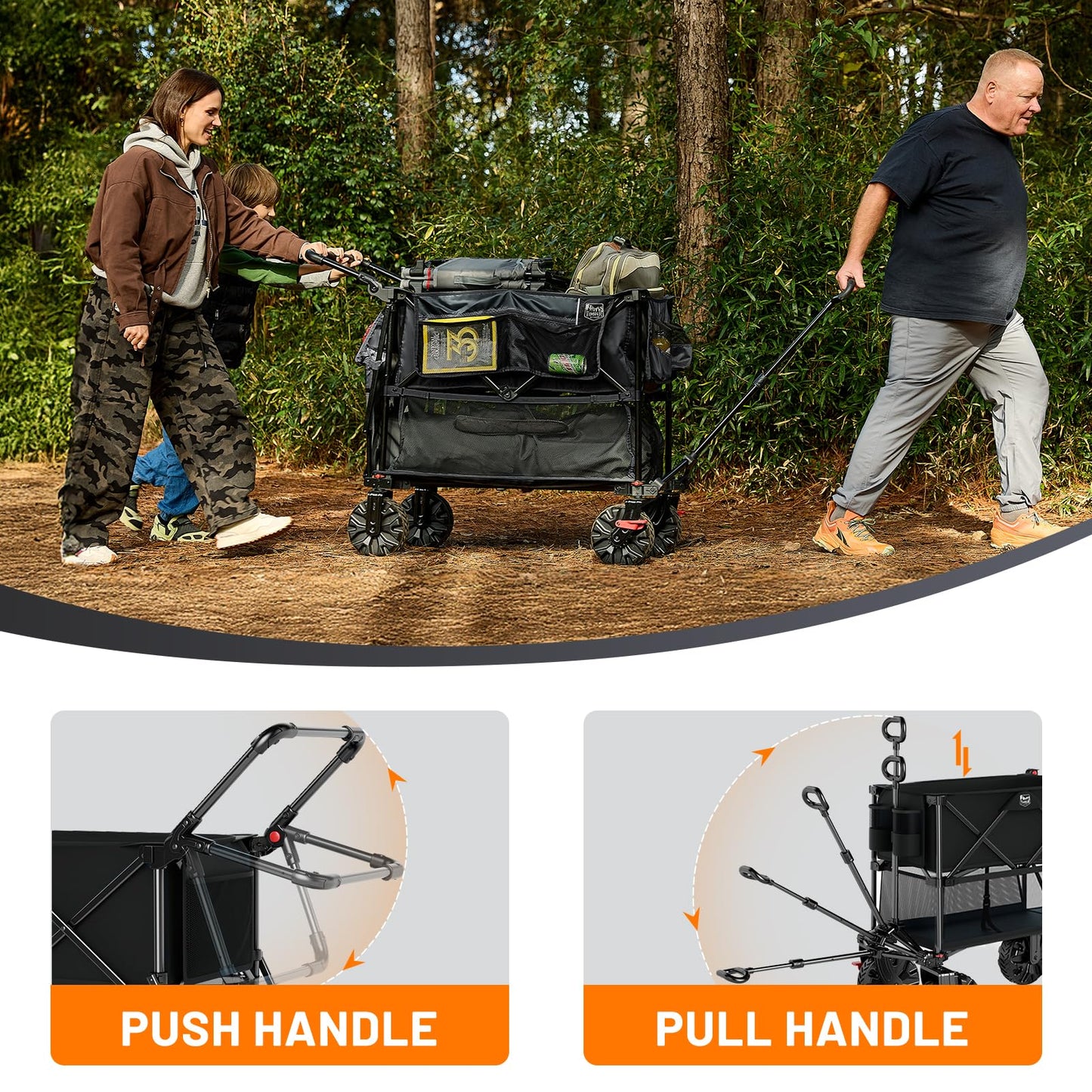 TIMBER RIDGE Push & Pull Double Decker Wagon, 400L Large Capacity Heavy Duty & 450lb Load, Collapsible Cart with All-Terrain Wheels & Brakes, 54” Extended Foldable for Sports, Beach, Camping, Black