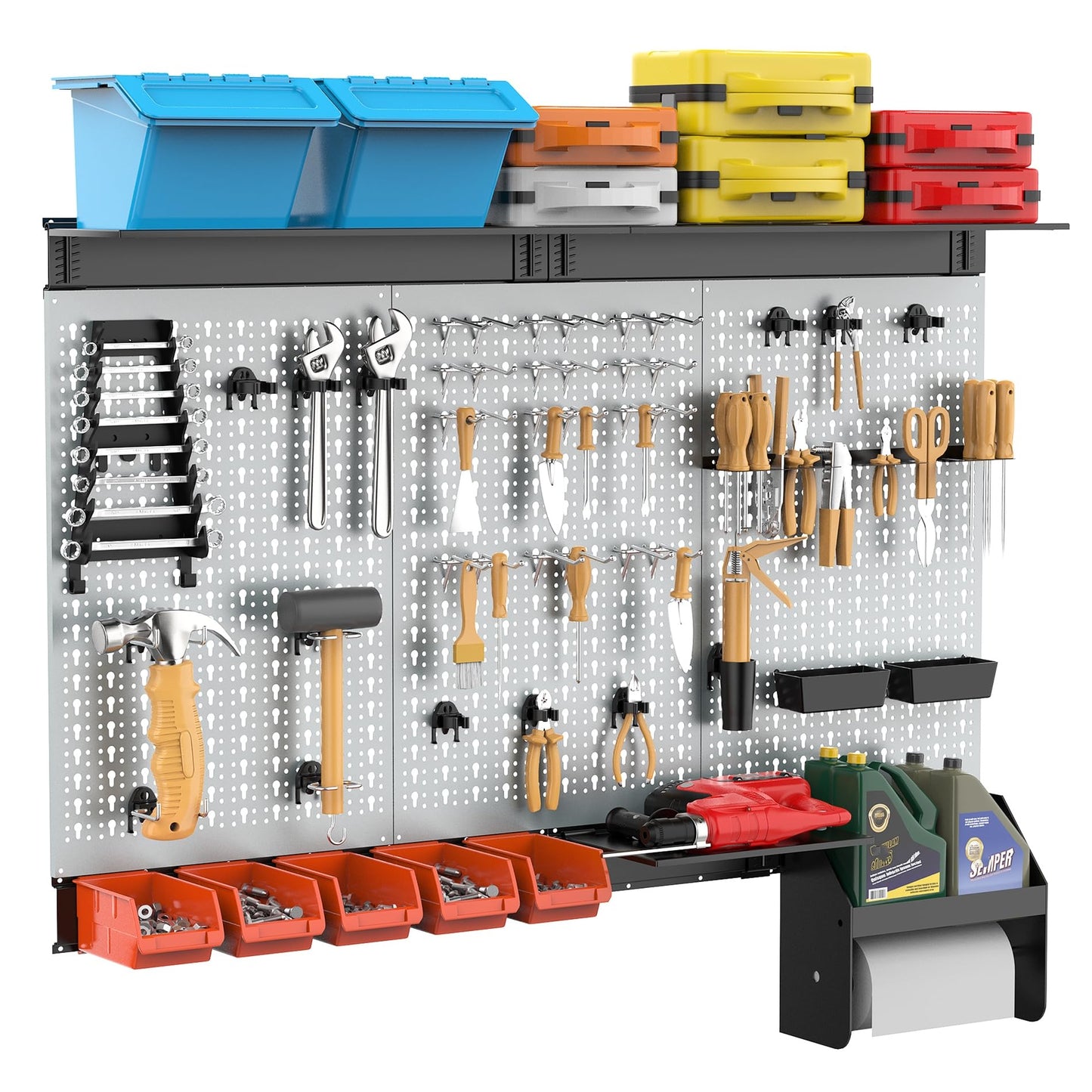 TORACK Pegboard Wall Organizer 4 ft. Garage Metal Pegboard Tool Organizer System, Tools Storage Peg Board Kit with Hooks and Accessories, Wall Mounted Storage Bins, Overhead Shelves