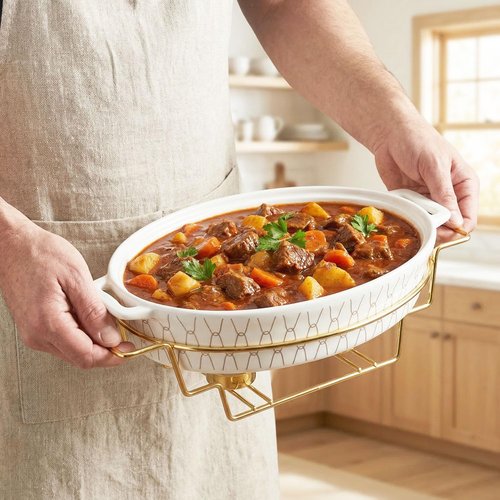 jinsongdafa 12" x 8" Ceramic Oval Casserole Dish with Glass Lid and rack, 54 ounce Serving Soup Tureen,Chafing Dish for Buffet, Family Food preserve Tray, Catering Casserole for Party Style, White