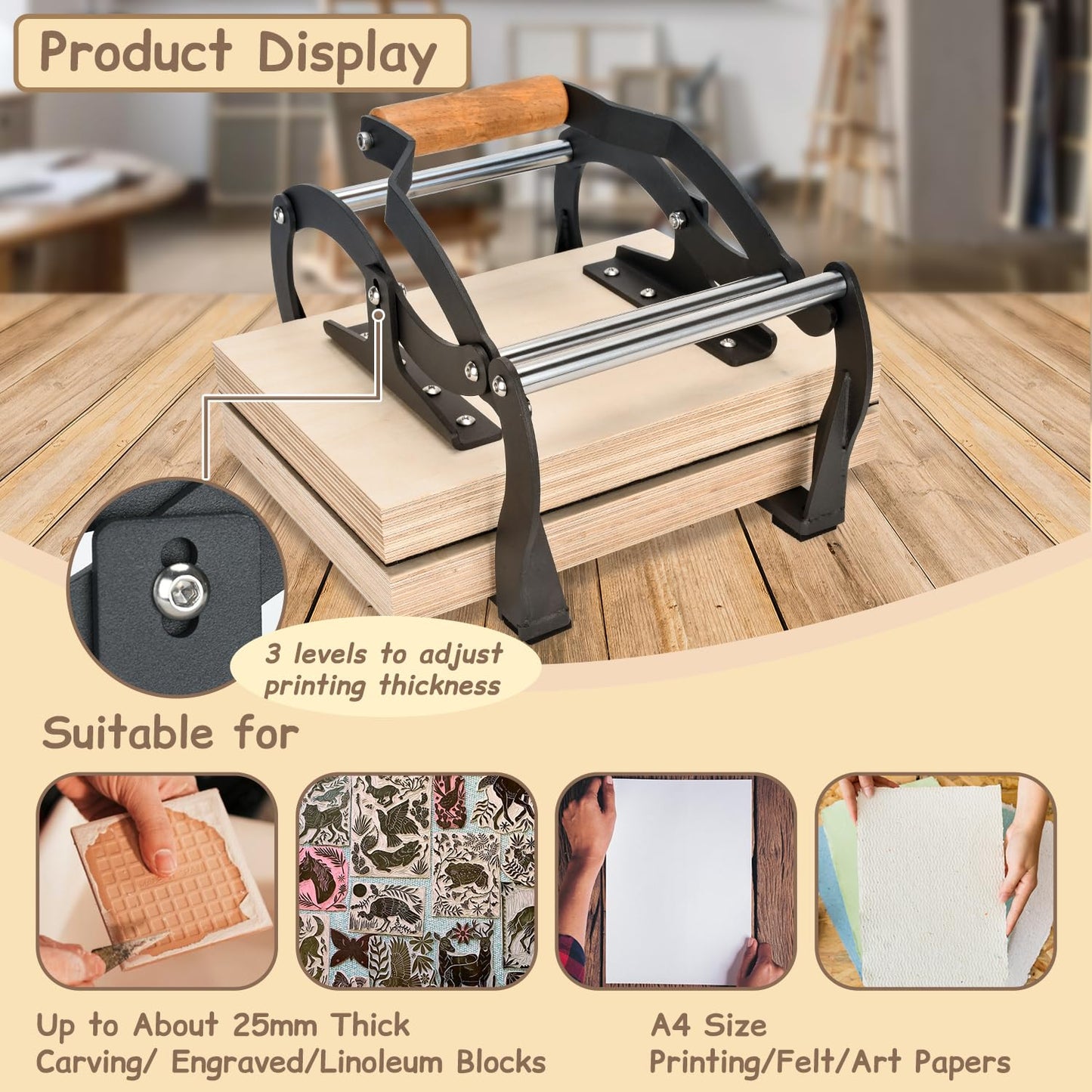 TOPOWN Linocut Printing Hand Lever Press Machine, Linocut Press Machine, Manual Hand Lever Printing Press for Linoleum Blocks with Felt Pad(fit up to 25mm Thick Blocks, A4, Black)