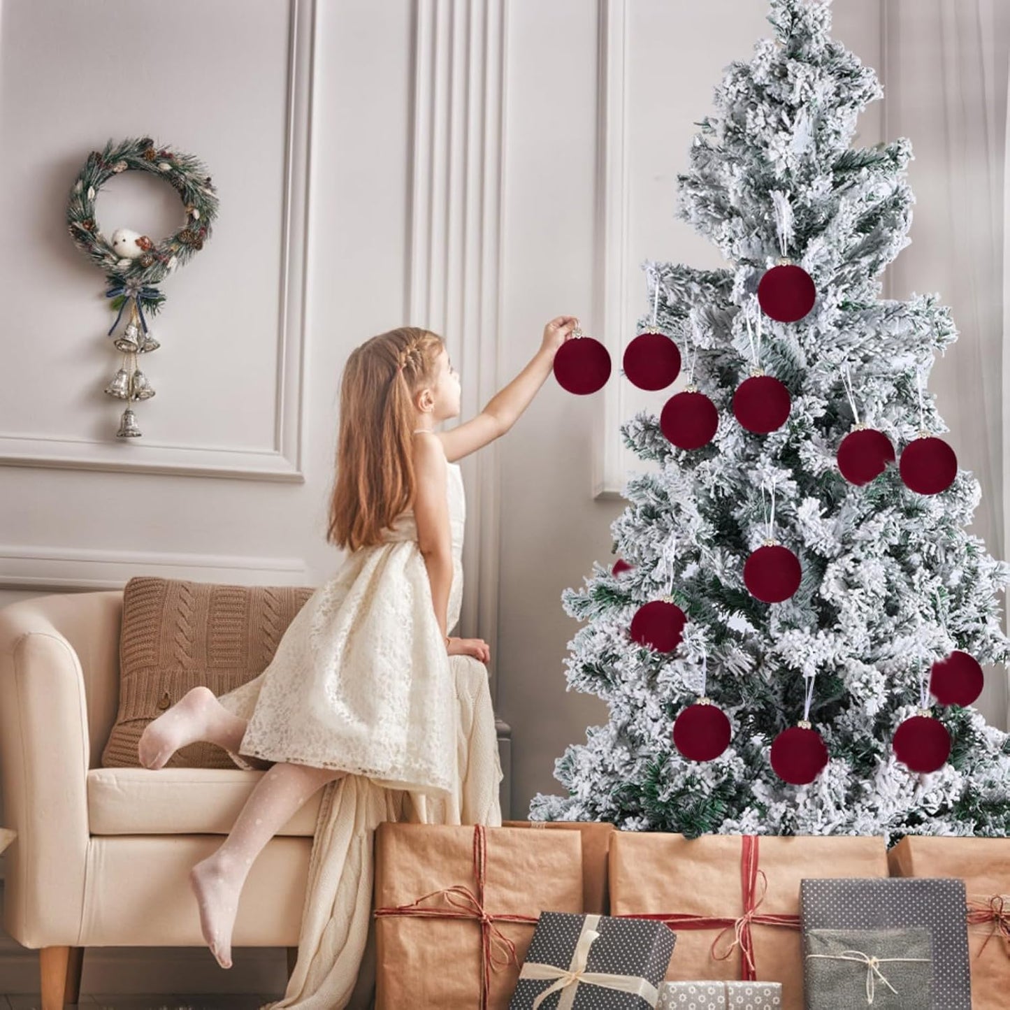 Skiennix 12PCS Velvet Christmas Tree Ornaments - 2.4-Inch Shatterproof Burgundy Balls for Holiday Decor