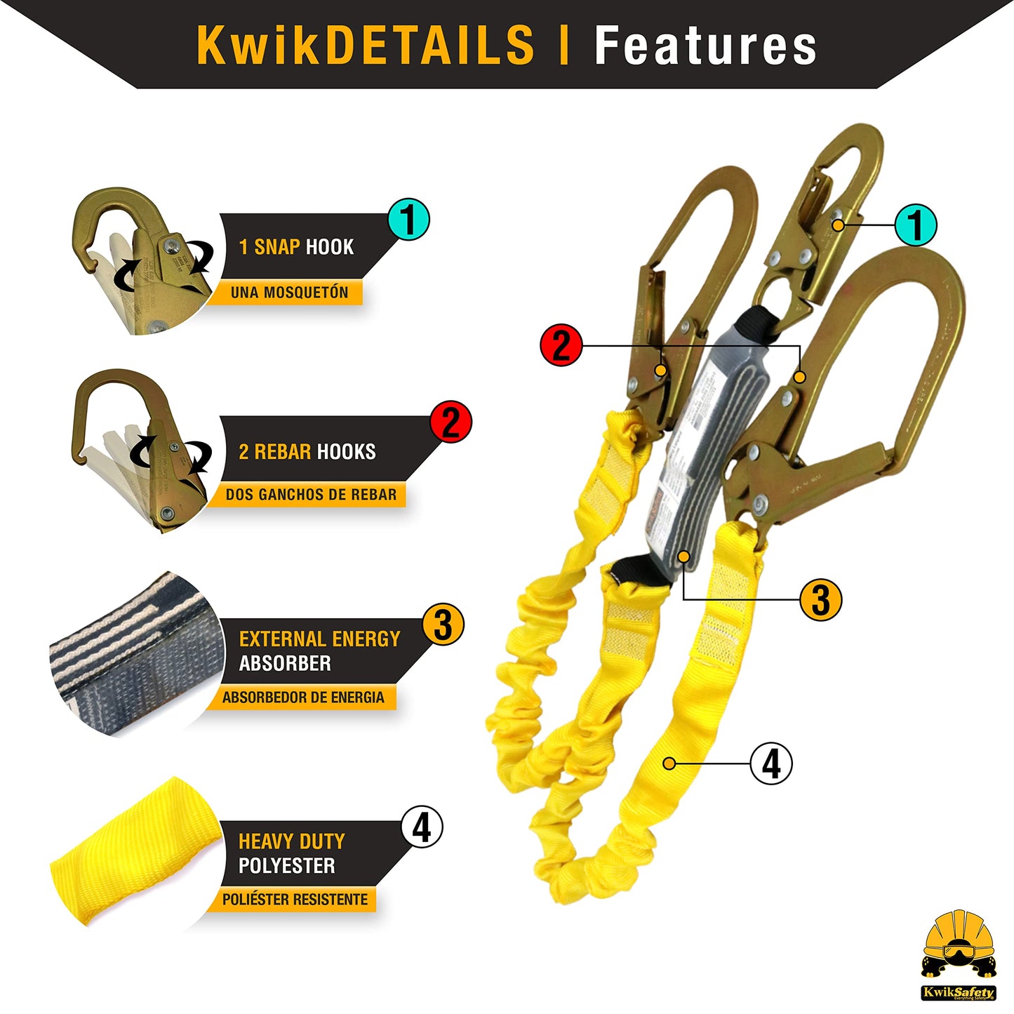 KwikSafety - Charlotte, NC -PYTHON [2 PACK] External Shock Absorber Double Leg 6ft Safety Lanyard OSHA ANSI Fall Protection Restraint Equipment Snap Rebar Hook Construction Arborist Roofing